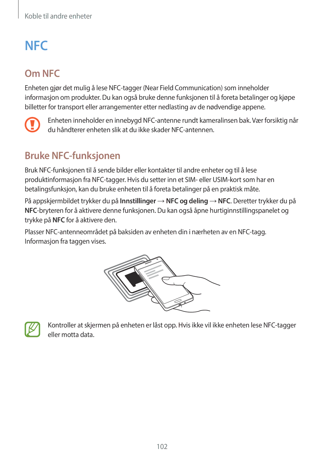 Samsung SM-A500FZWUNEE manual Om NFC, Bruke NFC-funksjonen 