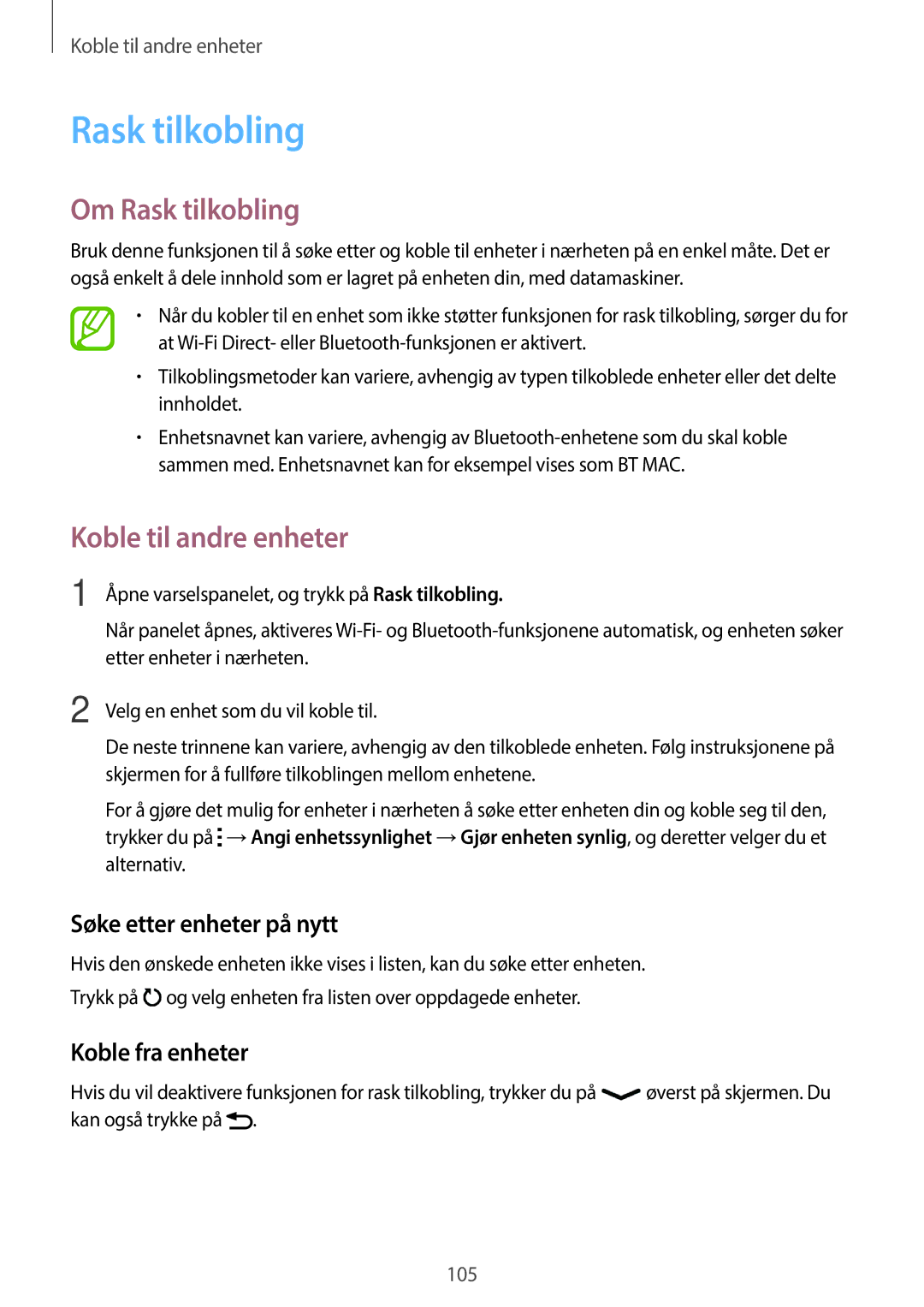 Samsung SM-A500FZWUNEE manual Om Rask tilkobling, Søke etter enheter på nytt, Koble fra enheter 