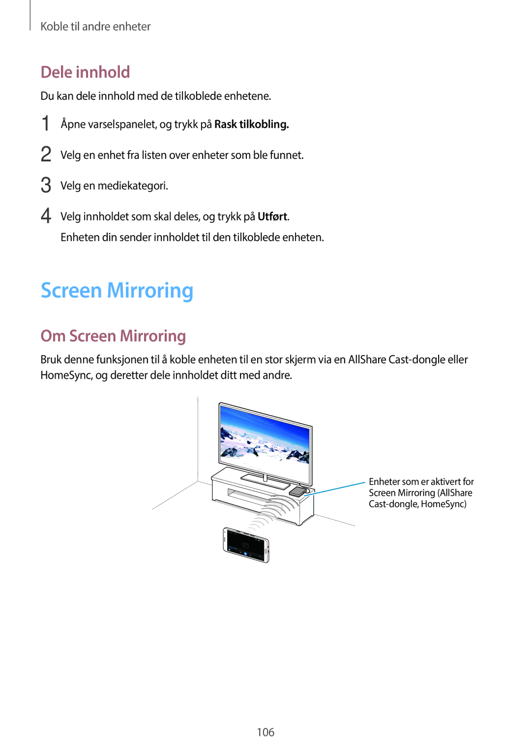 Samsung SM-A500FZWUNEE manual Dele innhold, Om Screen Mirroring 