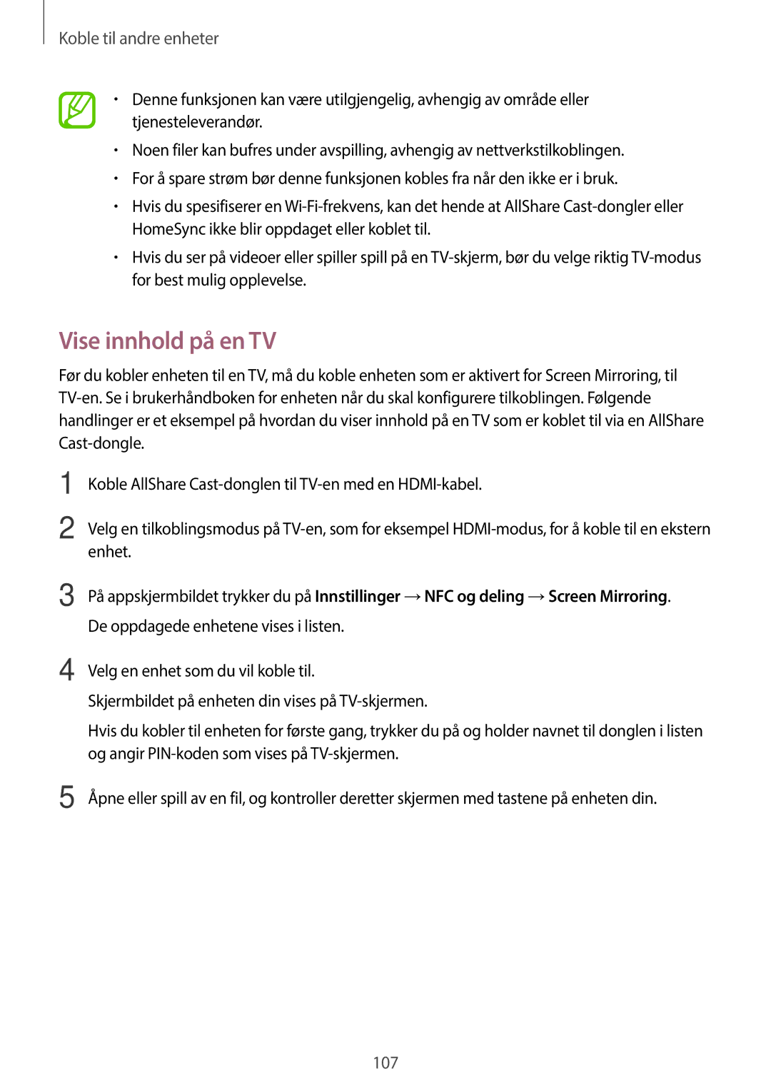 Samsung SM-A500FZWUNEE manual Vise innhold på en TV 