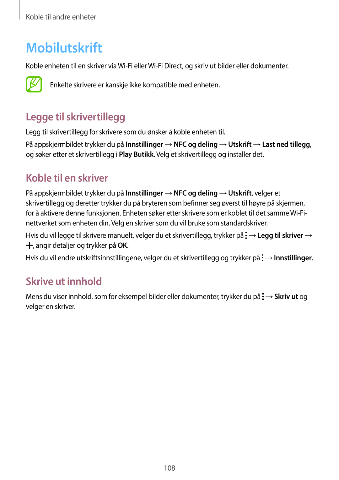 Samsung SM-A500FZWUNEE manual Mobilutskrift, Legge til skrivertillegg, Koble til en skriver, Skrive ut innhold 