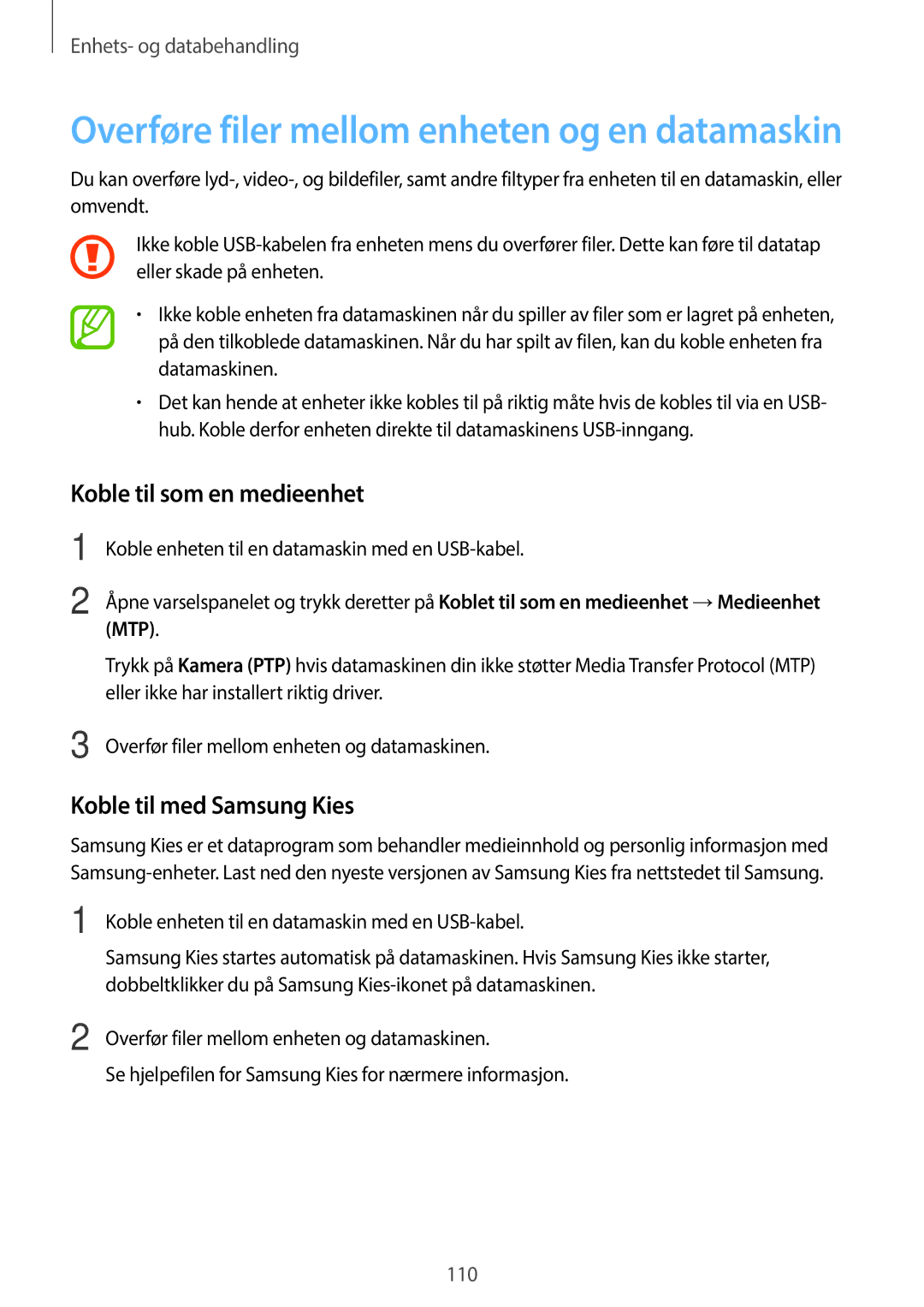 Samsung SM-A500FZWUNEE manual Koble til som en medieenhet, Koble til med Samsung Kies 