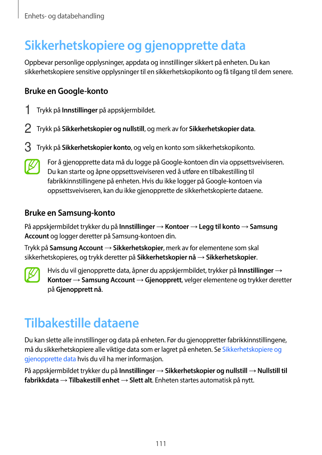 Samsung SM-A500FZWUNEE manual Sikkerhetskopiere og gjenopprette data, Tilbakestille dataene, Bruke en Google-konto 