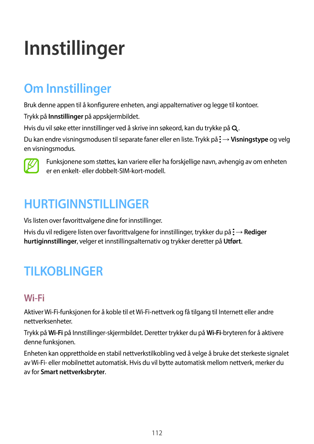 Samsung SM-A500FZWUNEE manual Om Innstillinger, Wi-Fi, Vis listen over favorittvalgene dine for innstillinger 