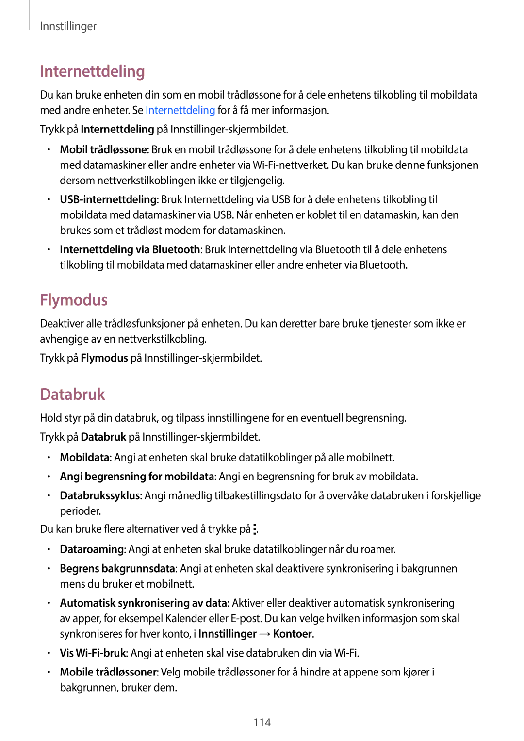 Samsung SM-A500FZWUNEE manual Internettdeling, Flymodus, Databruk 