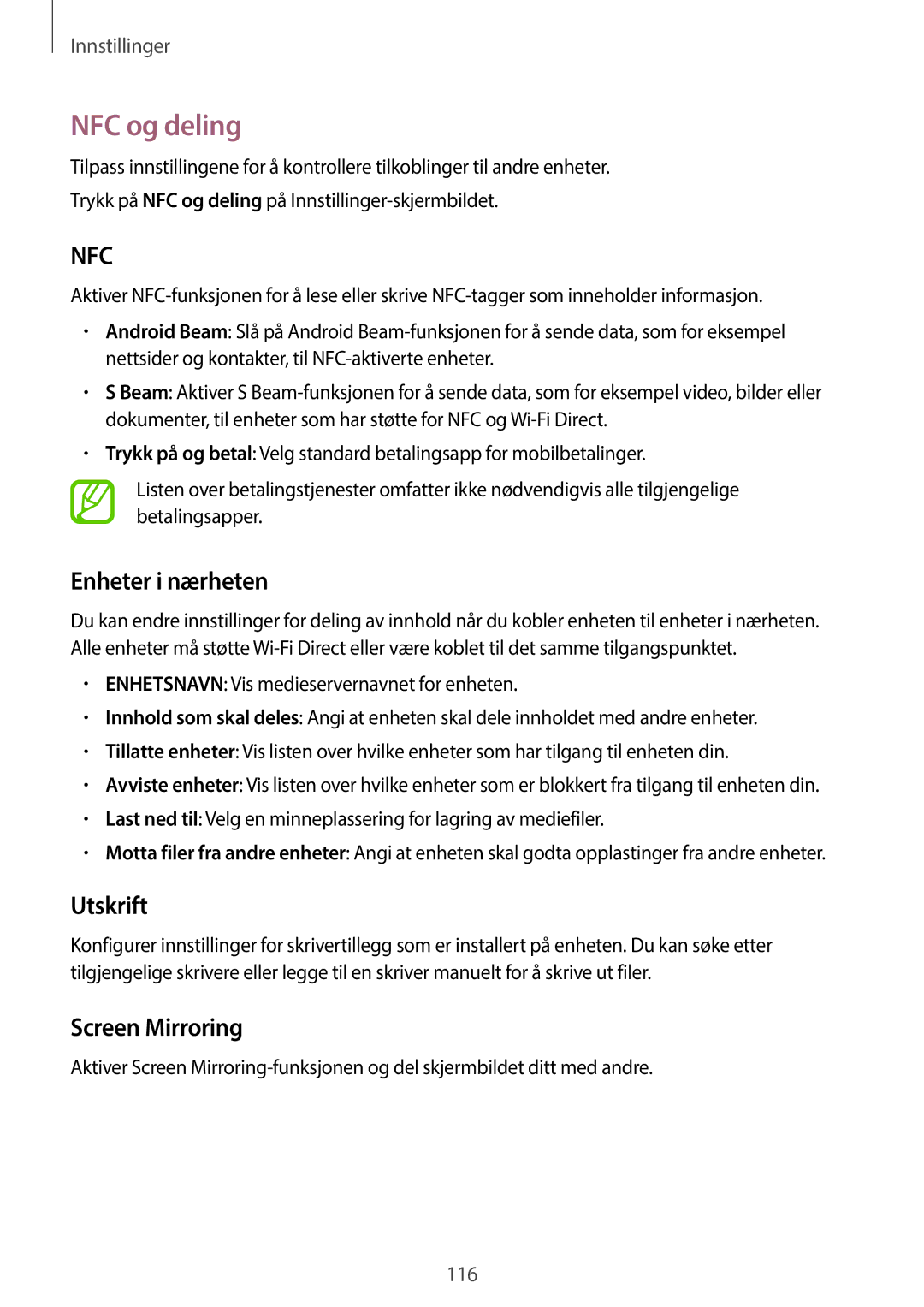 Samsung SM-A500FZWUNEE manual NFC og deling, Enheter i nærheten, Utskrift, Screen Mirroring 