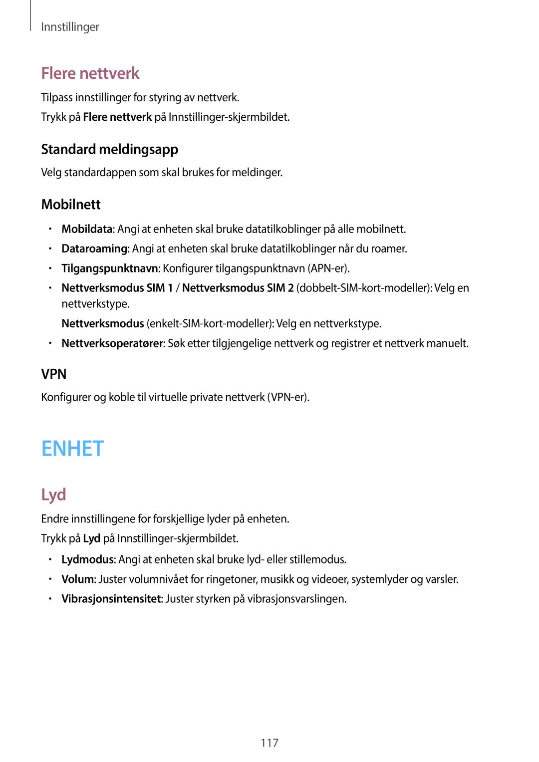 Samsung SM-A500FZWUNEE manual Flere nettverk, Lyd, Standard meldingsapp, Mobilnett 