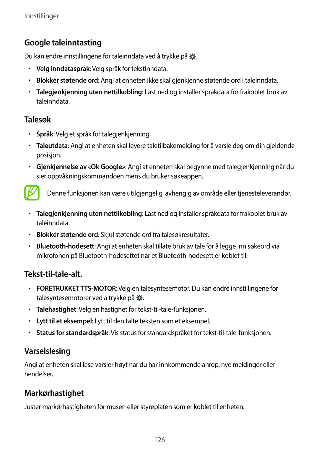 Samsung SM-A500FZWUNEE manual Google taleinntasting, Talesøk, Tekst-til-tale-alt, Varselslesing, Markørhastighet 