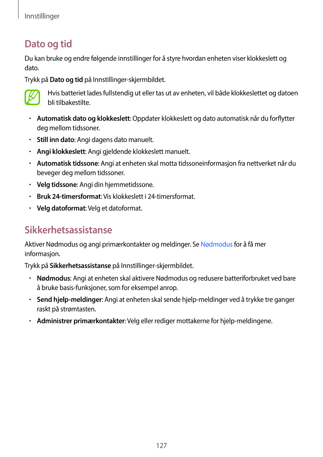 Samsung SM-A500FZWUNEE manual Dato og tid, Sikkerhetsassistanse 