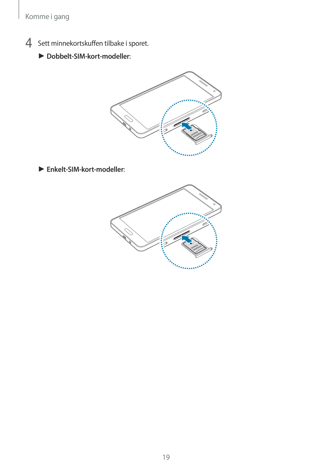 Samsung SM-A500FZWUNEE manual Sett minnekortskuffen tilbake i sporet, Dobbelt-SIM-kort-modeller Enkelt-SIM-kort-modeller 