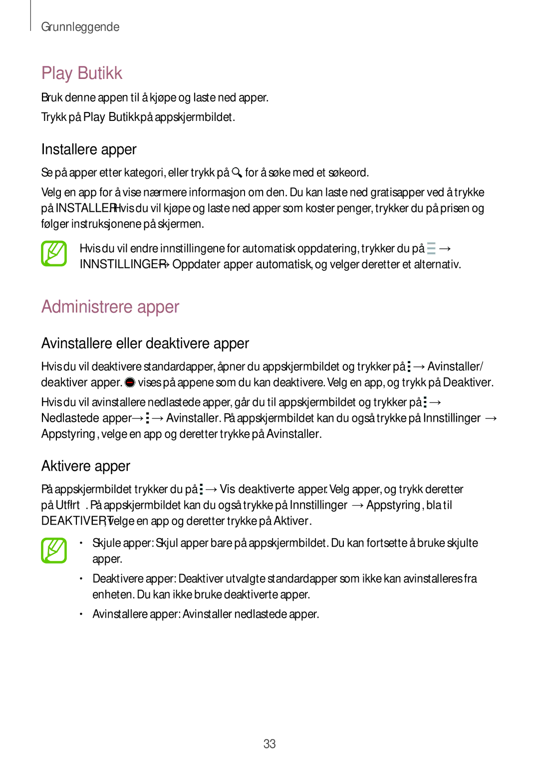 Samsung SM-A500FZWUNEE manual Play Butikk, Administrere apper, Avinstallere eller deaktivere apper, Aktivere apper 