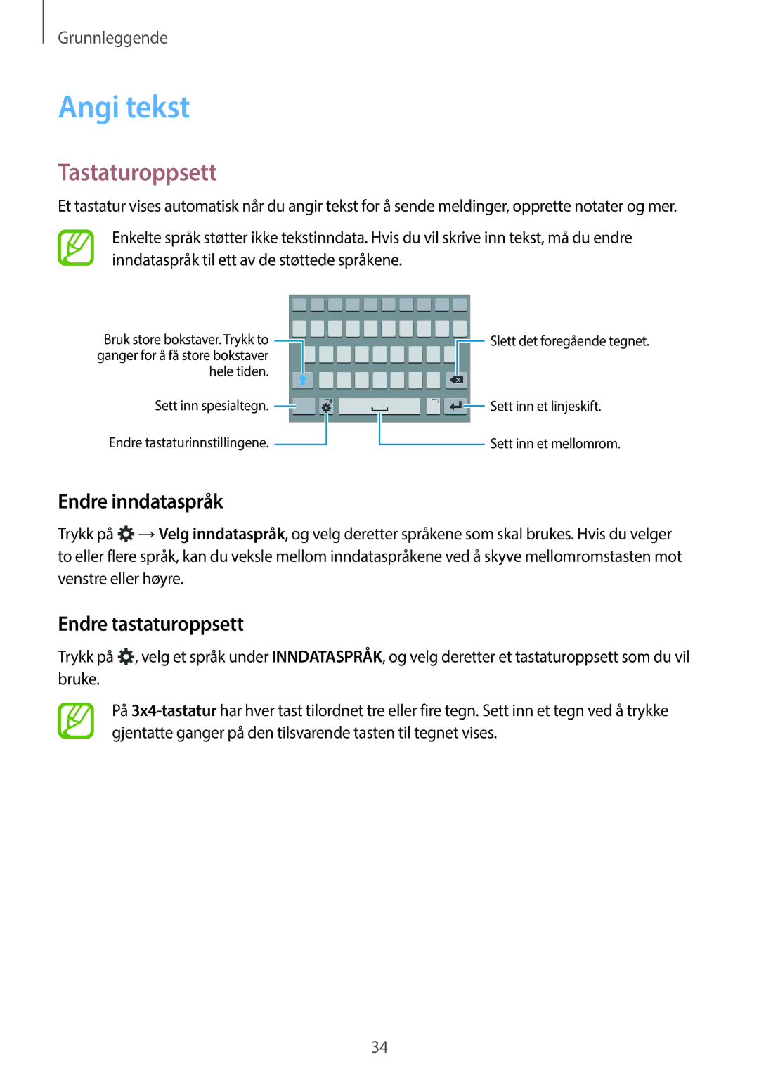 Samsung SM-A500FZWUNEE manual Angi tekst, Tastaturoppsett, Endre inndataspråk, Endre tastaturoppsett 