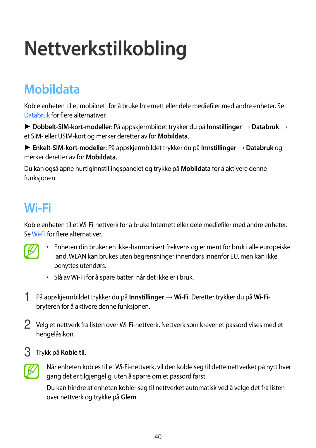 Samsung SM-A500FZWUNEE manual Nettverkstilkobling, Mobildata, Wi-Fi 