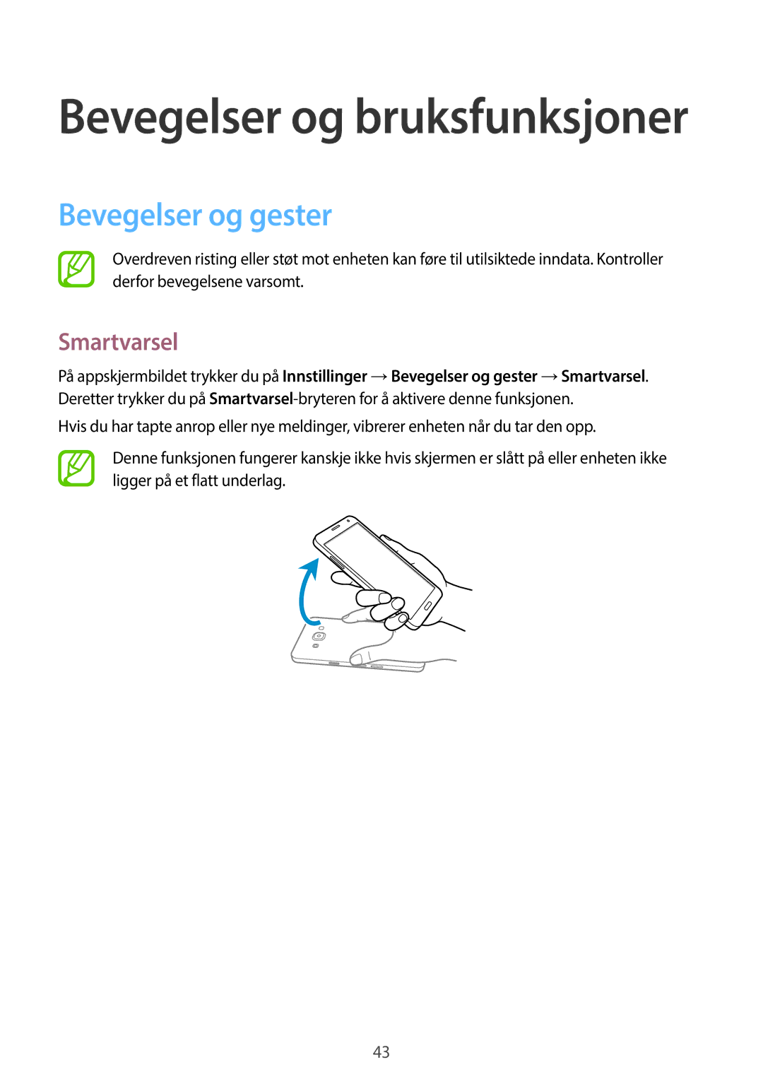 Samsung SM-A500FZWUNEE manual Bevegelser og gester, Smartvarsel 