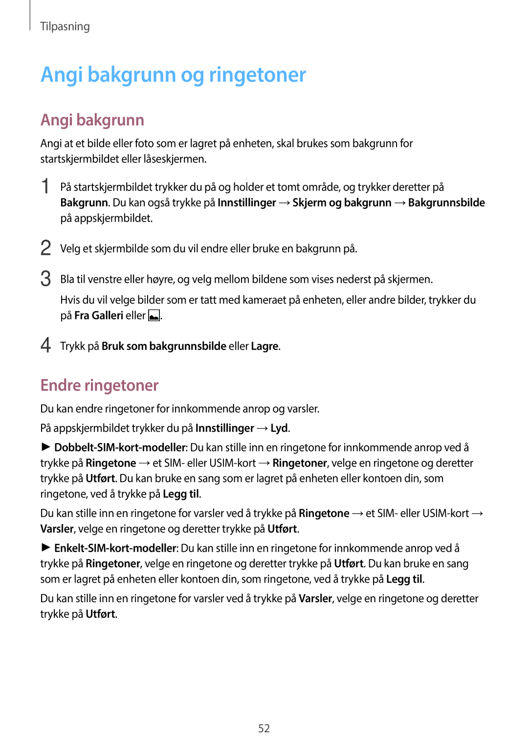 Samsung SM-A500FZWUNEE manual Angi bakgrunn og ringetoner, Endre ringetoner, Trykk på Bruk som bakgrunnsbilde eller Lagre 