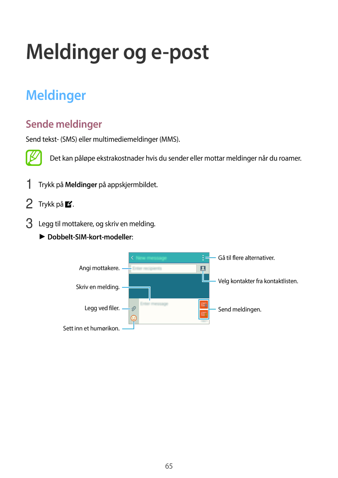 Samsung SM-A500FZWUNEE manual Meldinger og e-post, Sende meldinger, Trykk på, Dobbelt-SIM-kort-modeller 