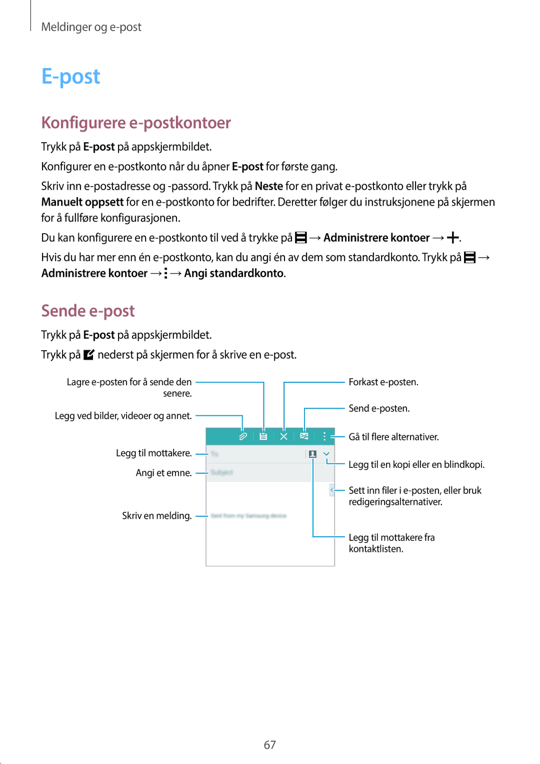 Samsung SM-A500FZWUNEE manual Post, Konfigurere e-postkontoer, Sende e-post 