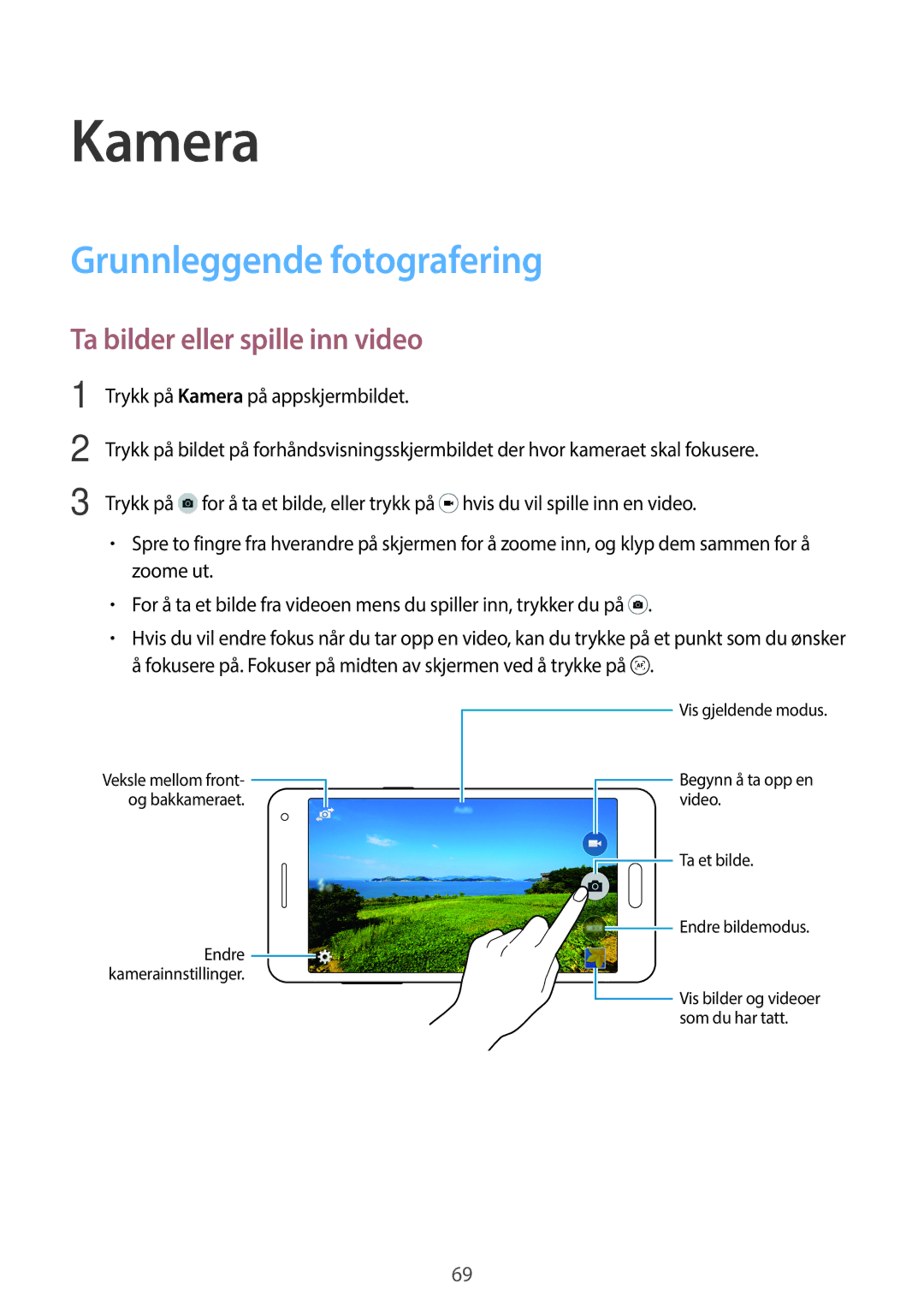 Samsung SM-A500FZWUNEE manual Kamera, Grunnleggende fotografering, Ta bilder eller spille inn video 