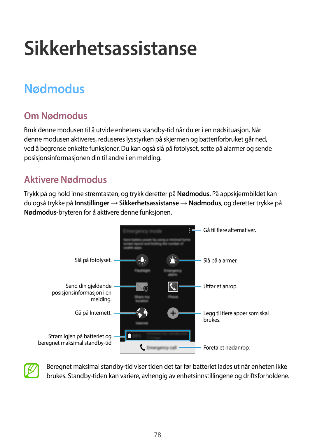 Samsung SM-A500FZWUNEE manual Sikkerhetsassistanse, Om Nødmodus, Aktivere Nødmodus 