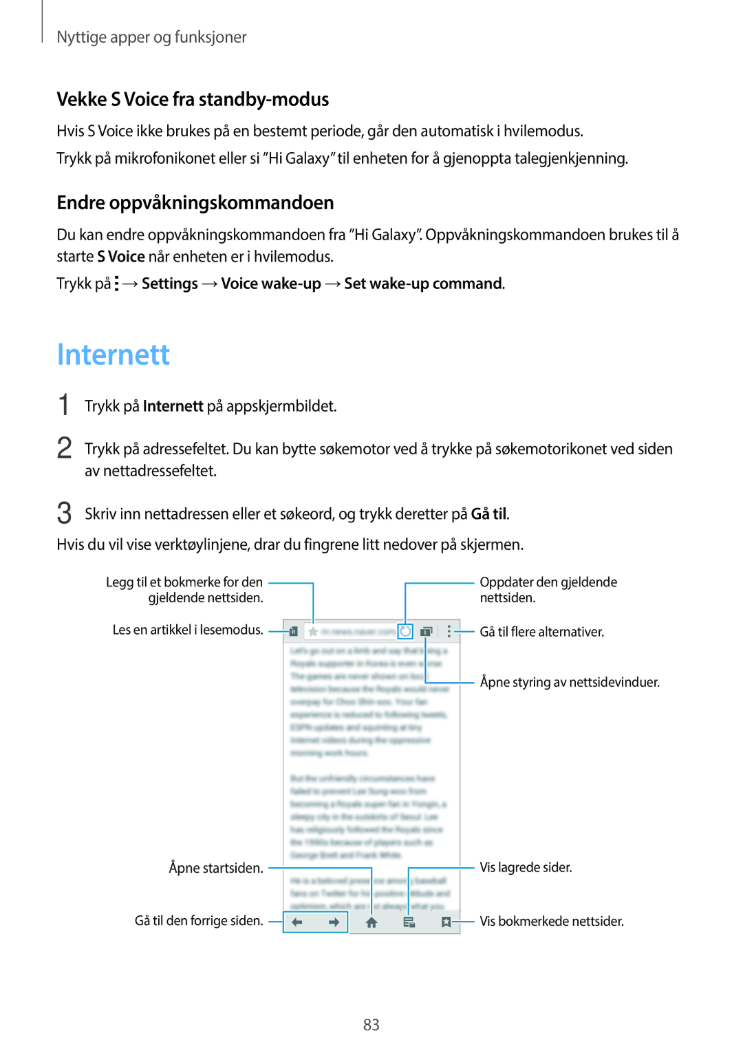 Samsung SM-A500FZWUNEE manual Internett, Vekke S Voice fra standby-modus, Endre oppvåkningskommandoen 