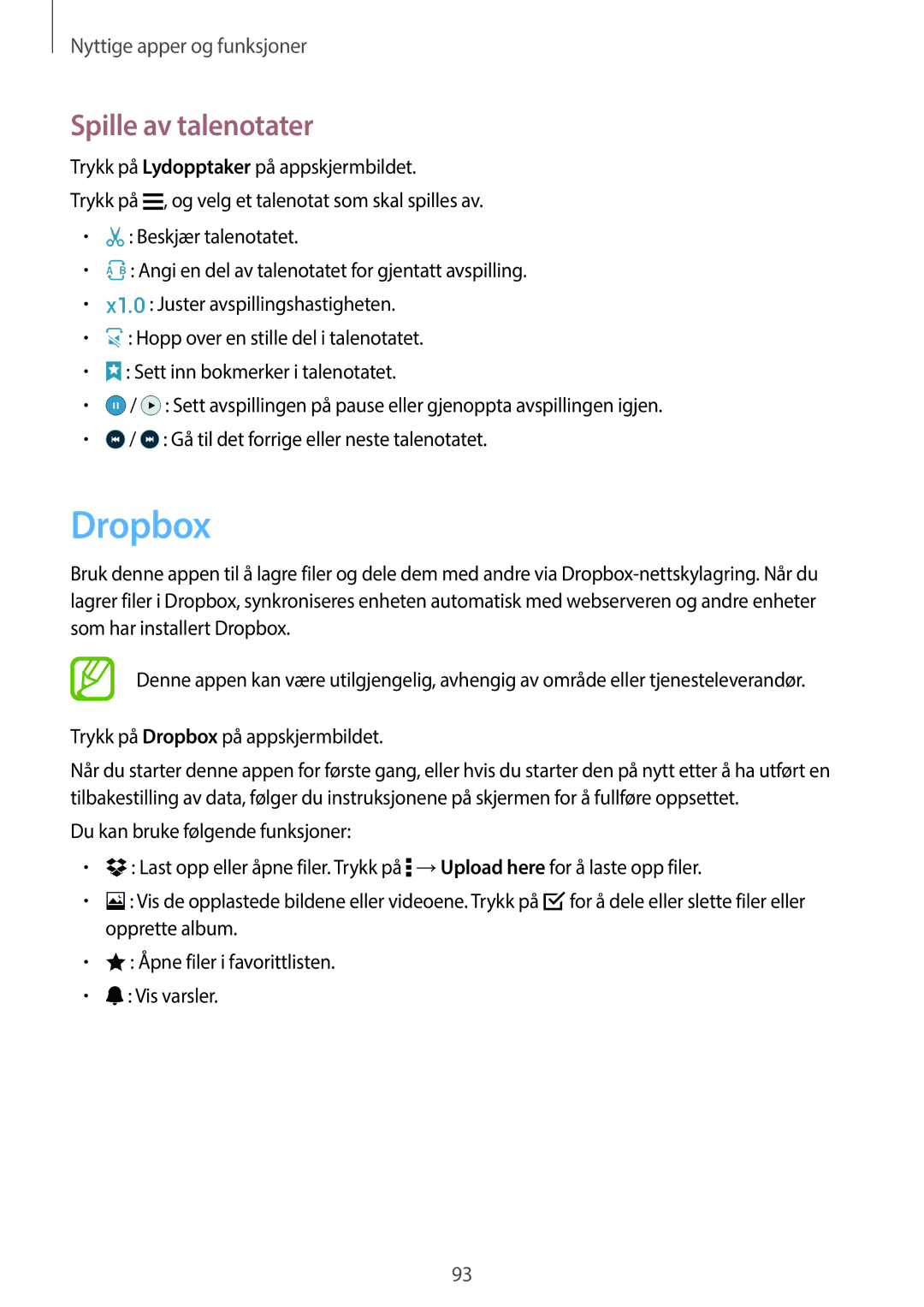 Samsung SM-A500FZWUNEE manual Dropbox, Spille av talenotater 