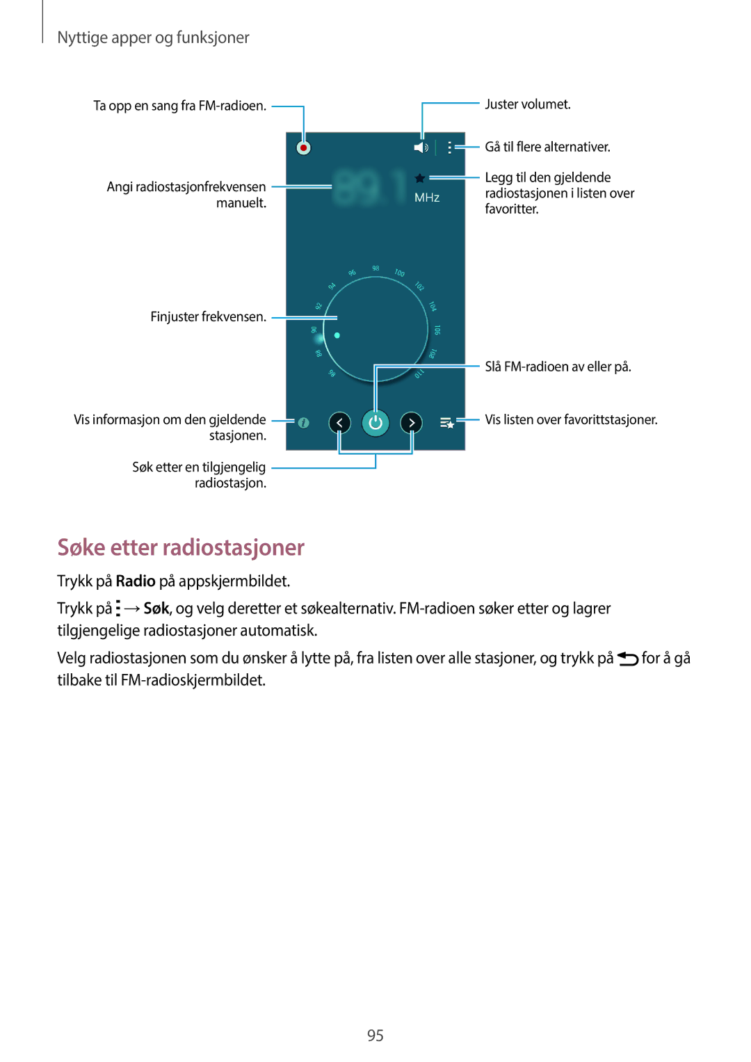 Samsung SM-A500FZWUNEE manual Søke etter radiostasjoner 