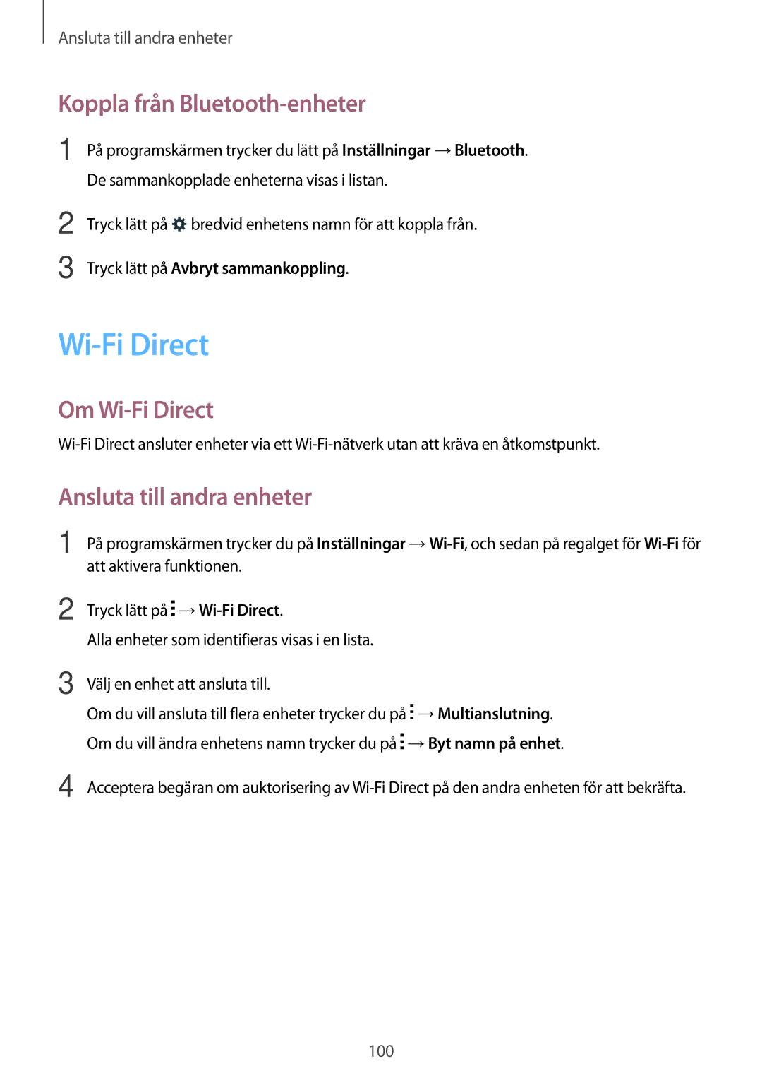 Samsung SM-A500FZWUNEE manual Koppla från Bluetooth-enheter, Om Wi-Fi Direct, Ansluta till andra enheter 