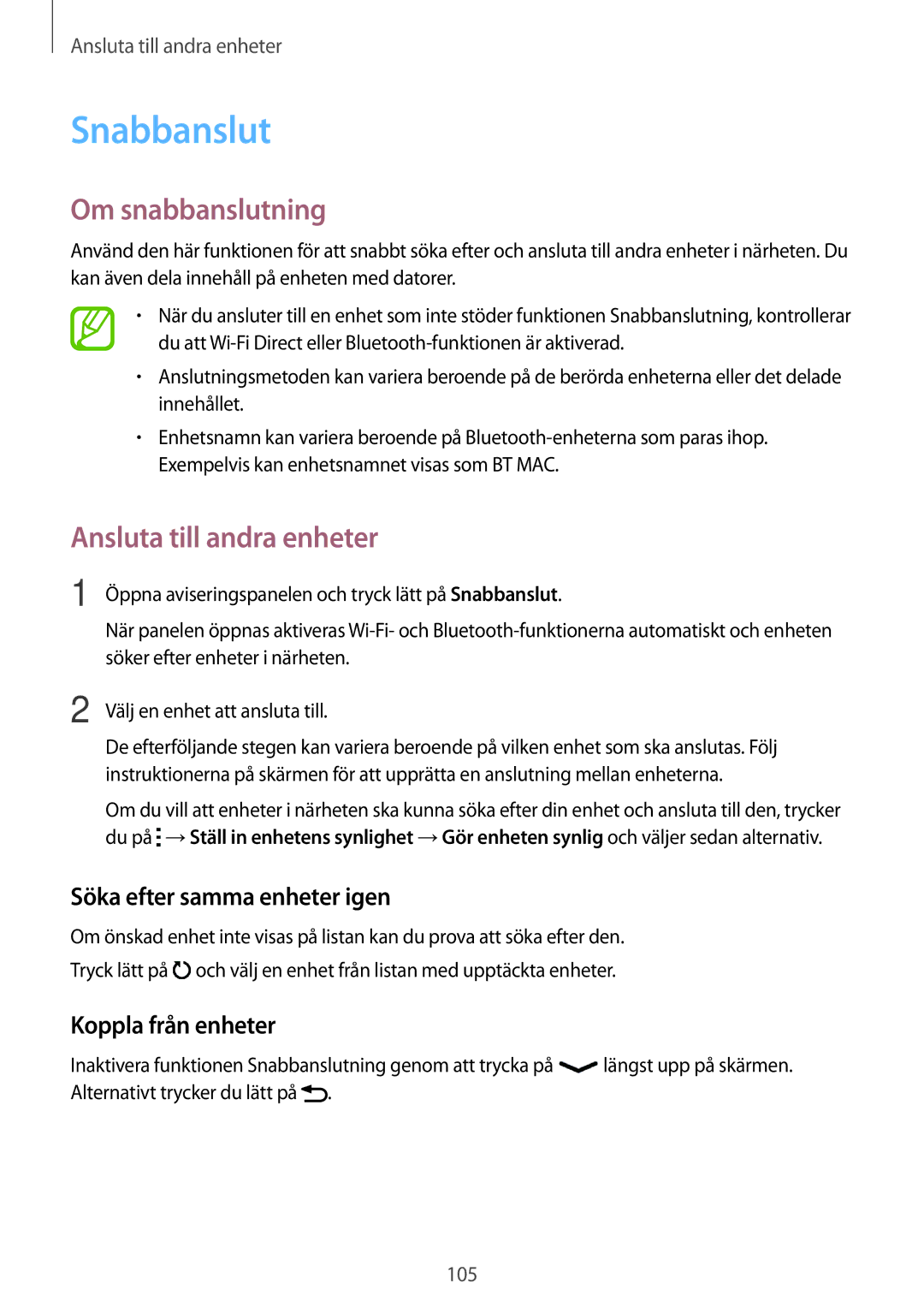 Samsung SM-A500FZWUNEE manual Snabbanslut, Om snabbanslutning, Söka efter samma enheter igen, Koppla från enheter 