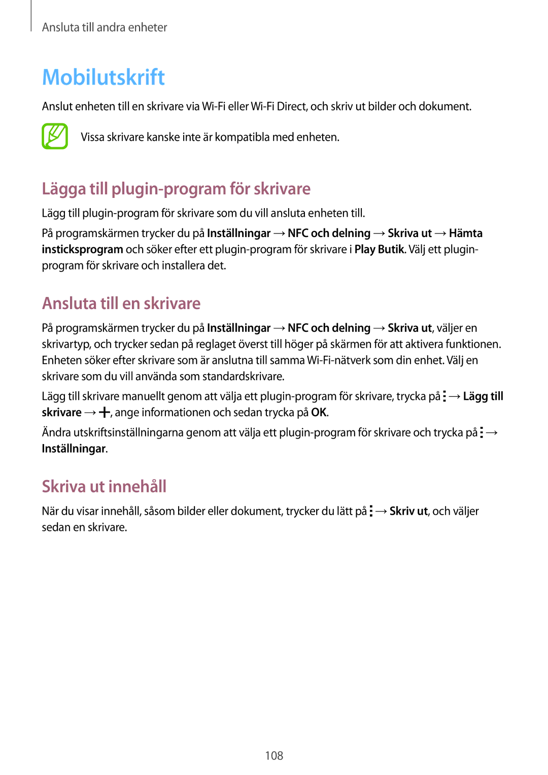 Samsung SM-A500FZWUNEE Mobilutskrift, Lägga till plugin-program för skrivare, Ansluta till en skrivare, Skriva ut innehåll 