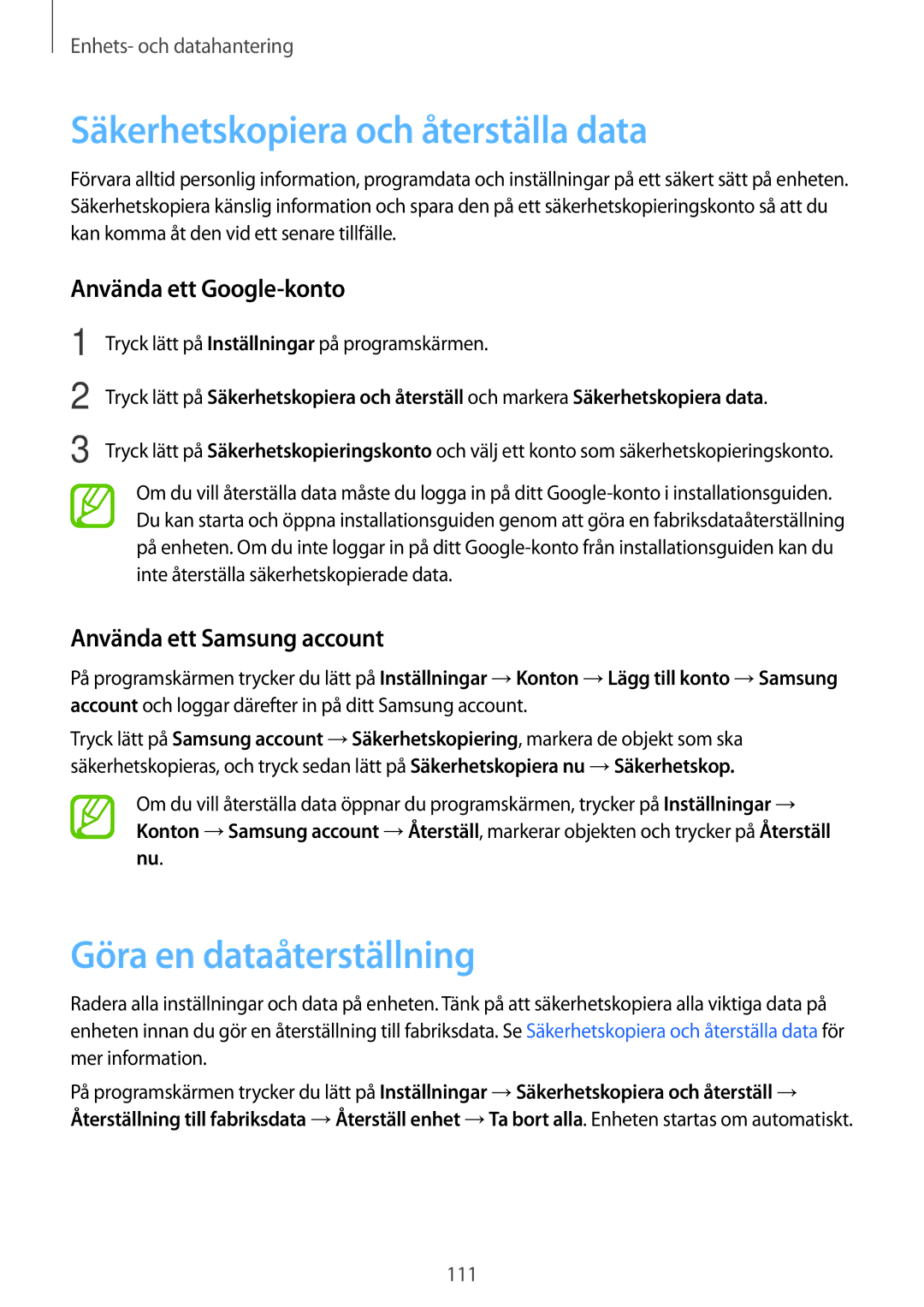 Samsung SM-A500FZWUNEE manual Säkerhetskopiera och återställa data, Göra en dataåterställning, Använda ett Google-konto 