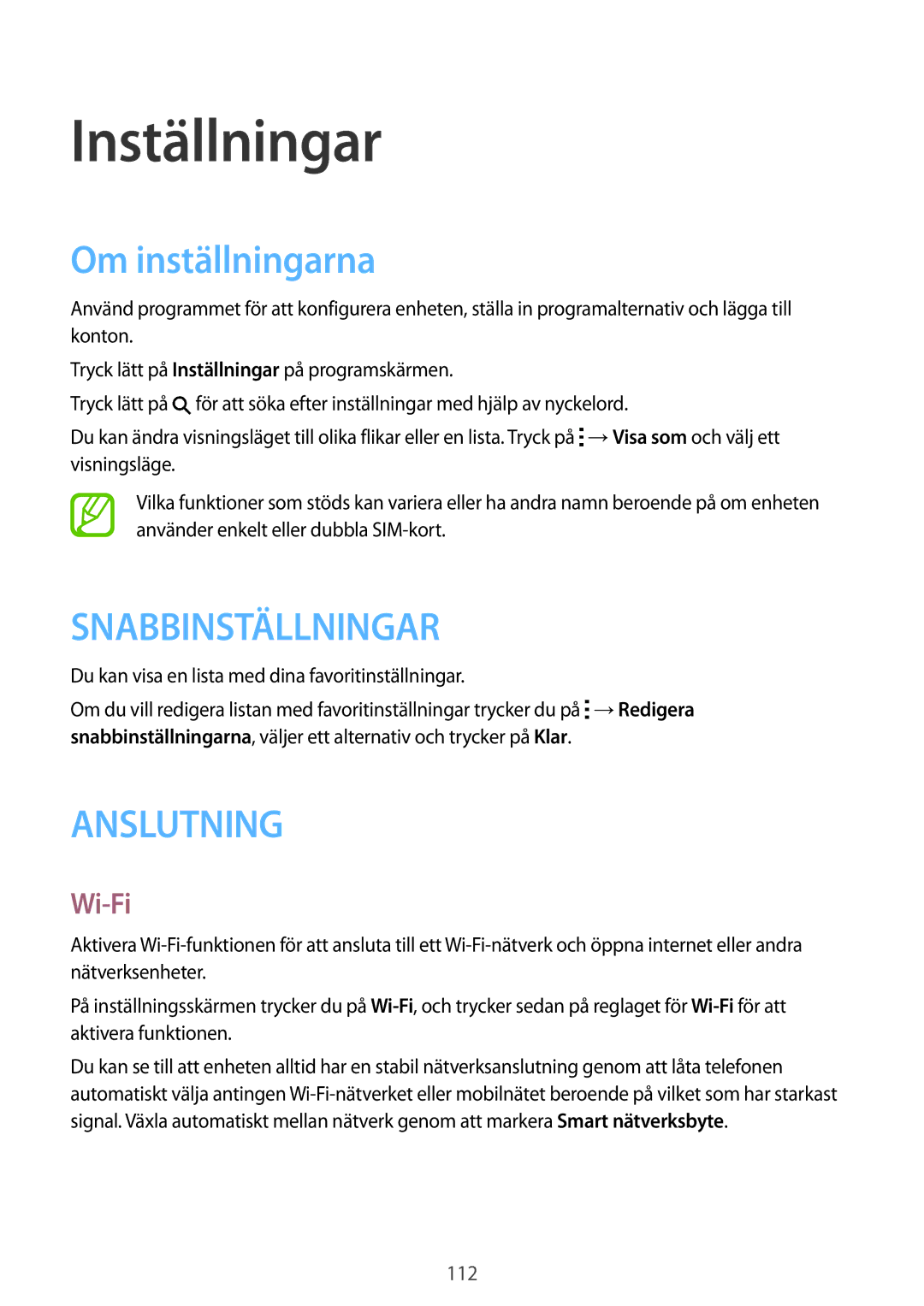 Samsung SM-A500FZWUNEE manual Inställningar, Om inställningarna, Wi-Fi, Du kan visa en lista med dina favoritinställningar 