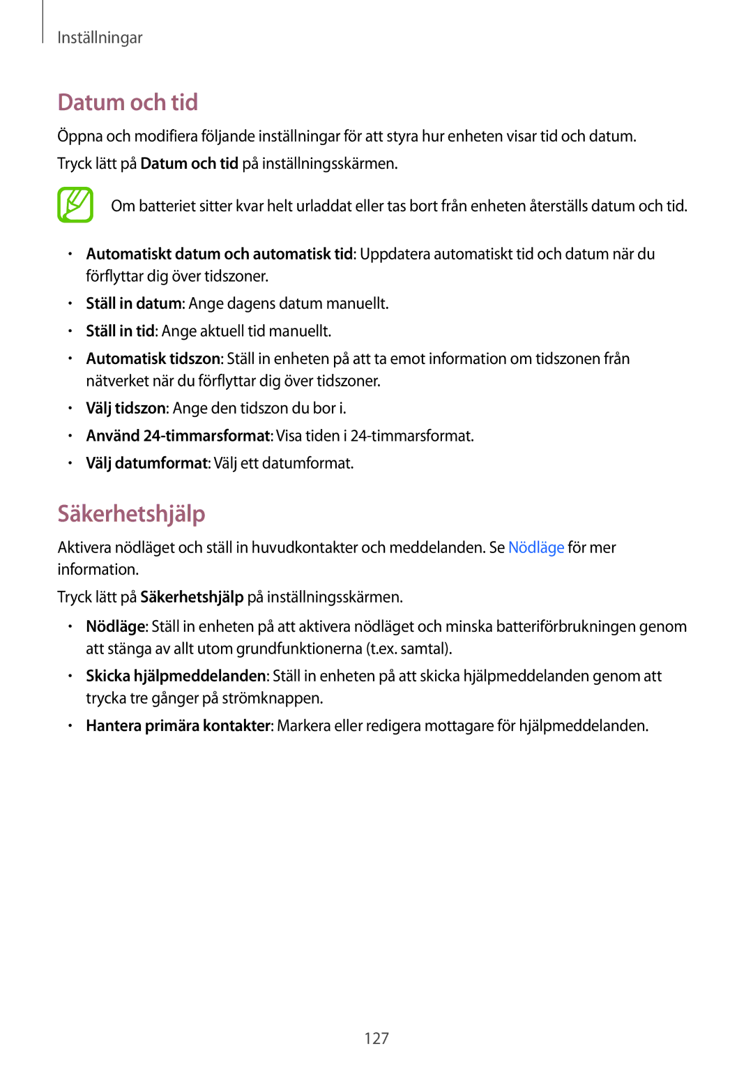 Samsung SM-A500FZWUNEE manual Datum och tid, Säkerhetshjälp 