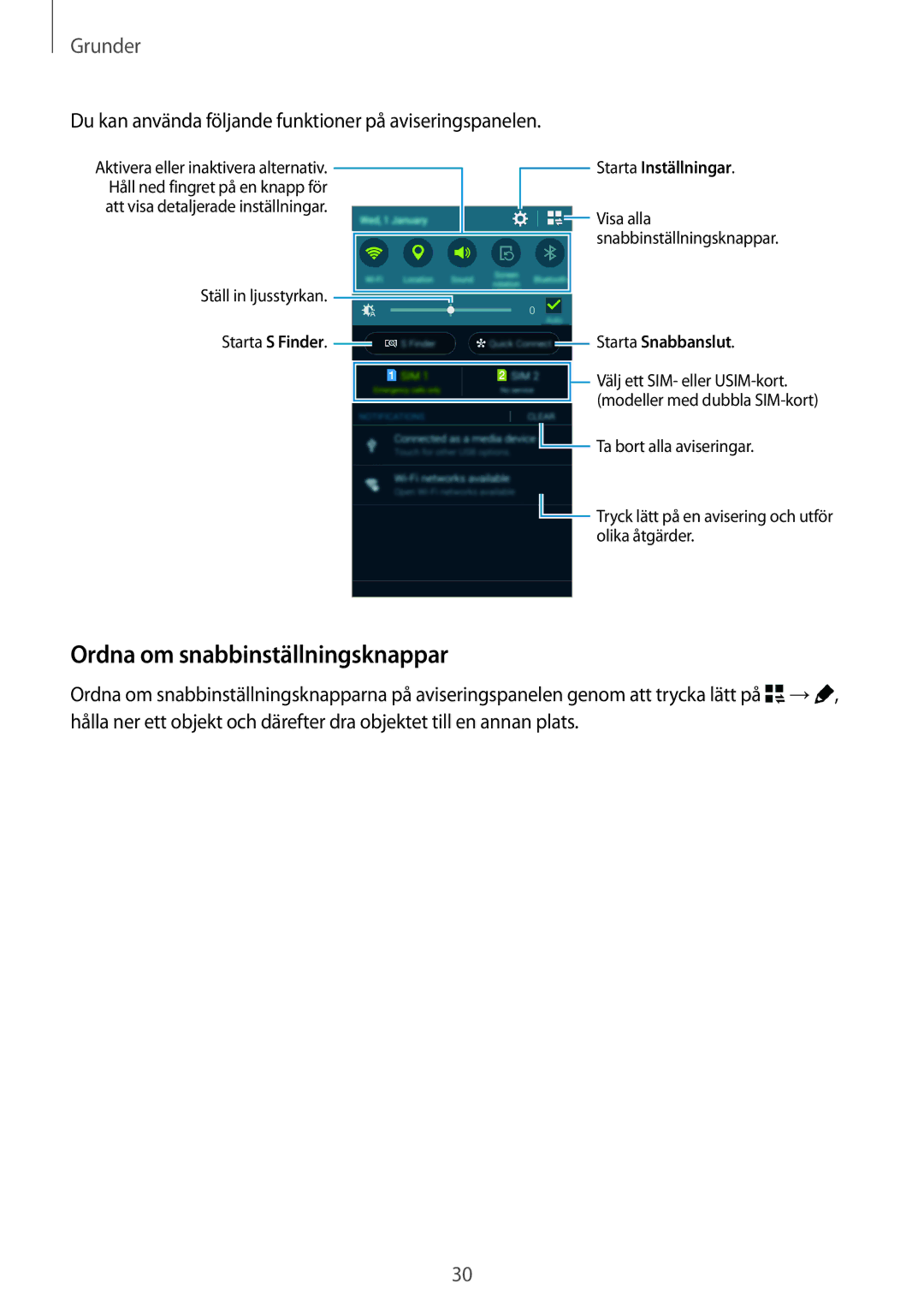 Samsung SM-A500FZWUNEE manual Ordna om snabbinställningsknappar, Du kan använda följande funktioner på aviseringspanelen 