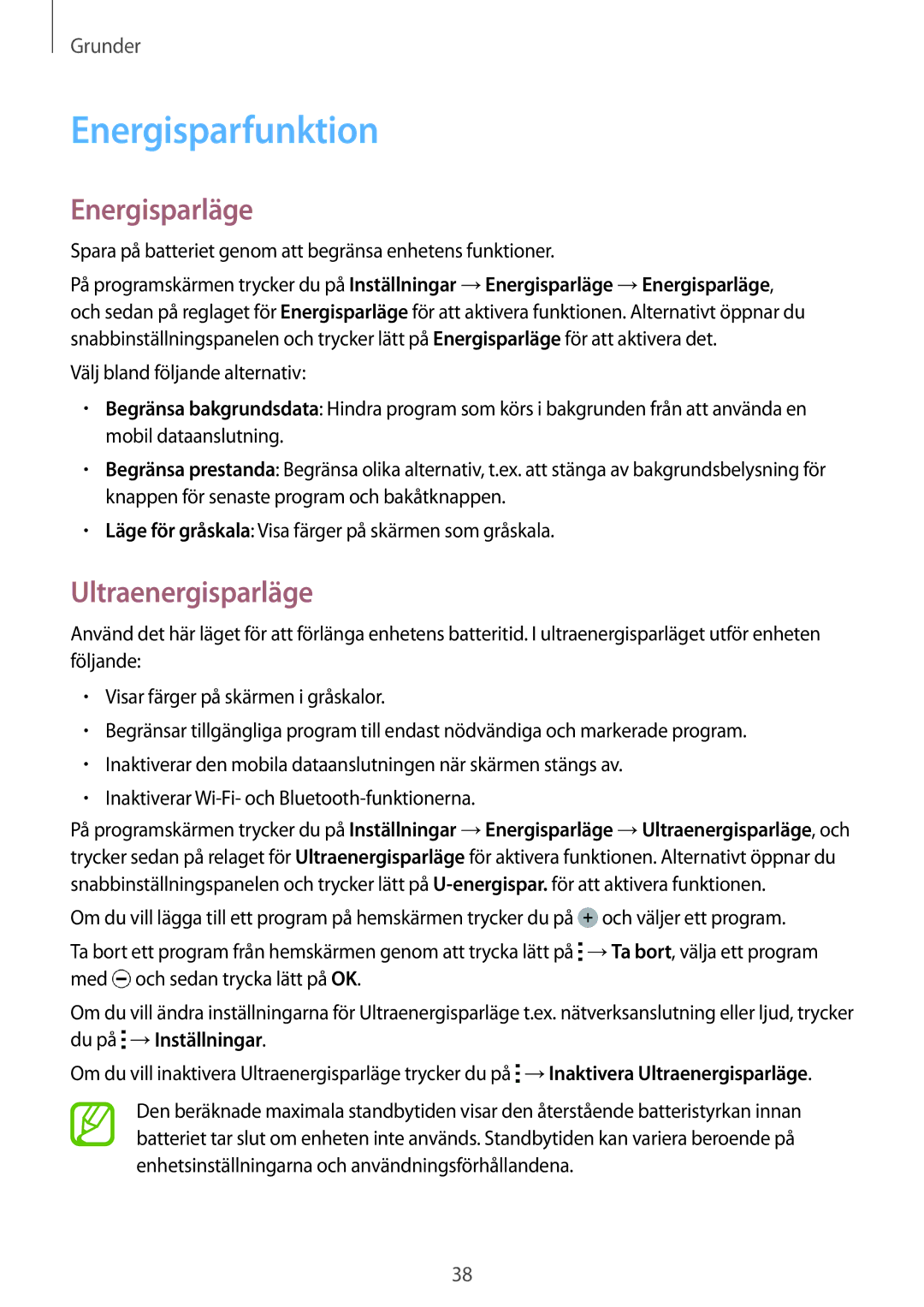 Samsung SM-A500FZWUNEE manual Energisparfunktion, Energisparläge, Ultraenergisparläge 