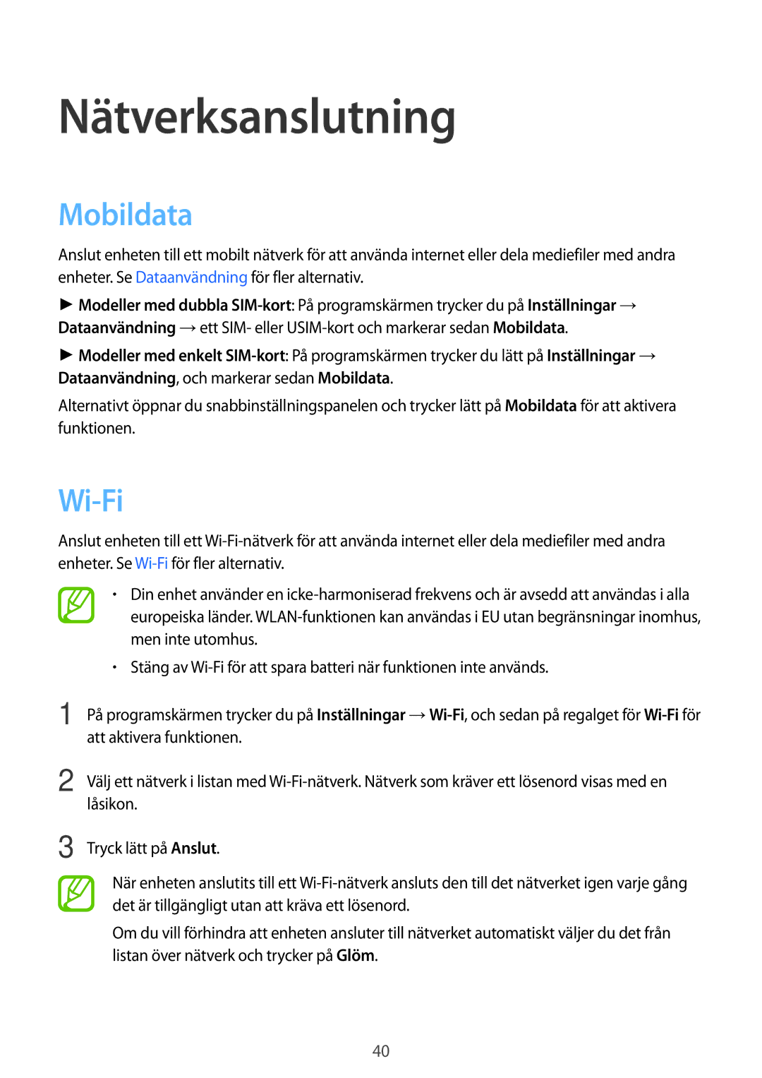 Samsung SM-A500FZWUNEE manual Nätverksanslutning, Mobildata, Wi-Fi 