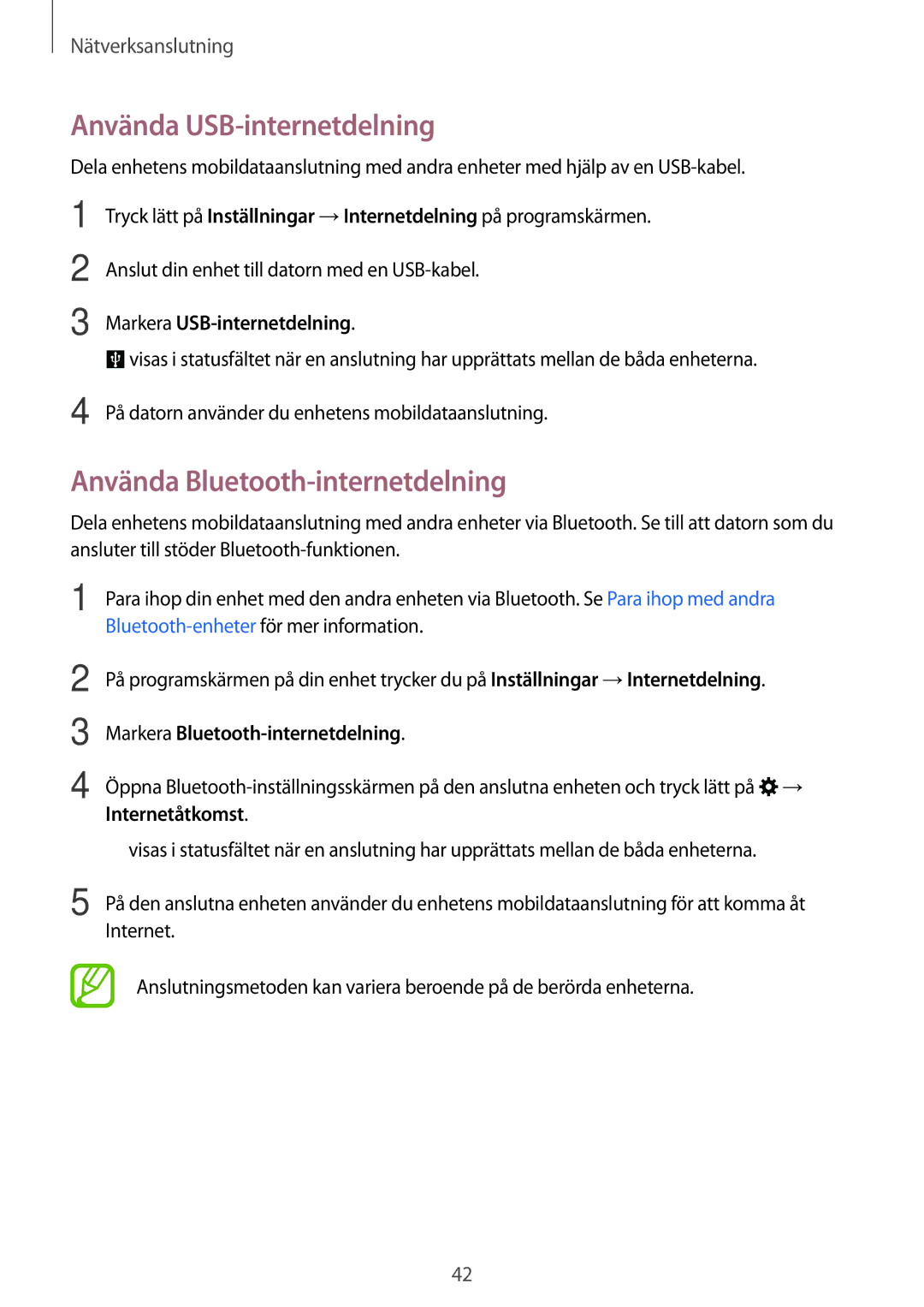 Samsung SM-A500FZWUNEE manual Använda USB-internetdelning, Använda Bluetooth-internetdelning, Markera USB-internetdelning 