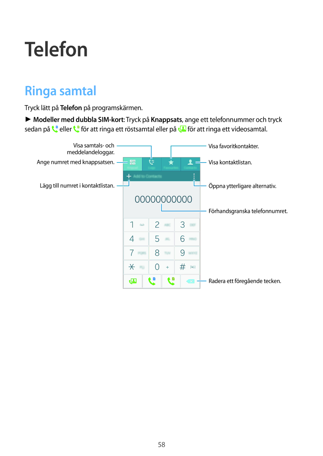 Samsung SM-A500FZWUNEE manual Ringa samtal, Tryck lätt på Telefon på programskärmen 