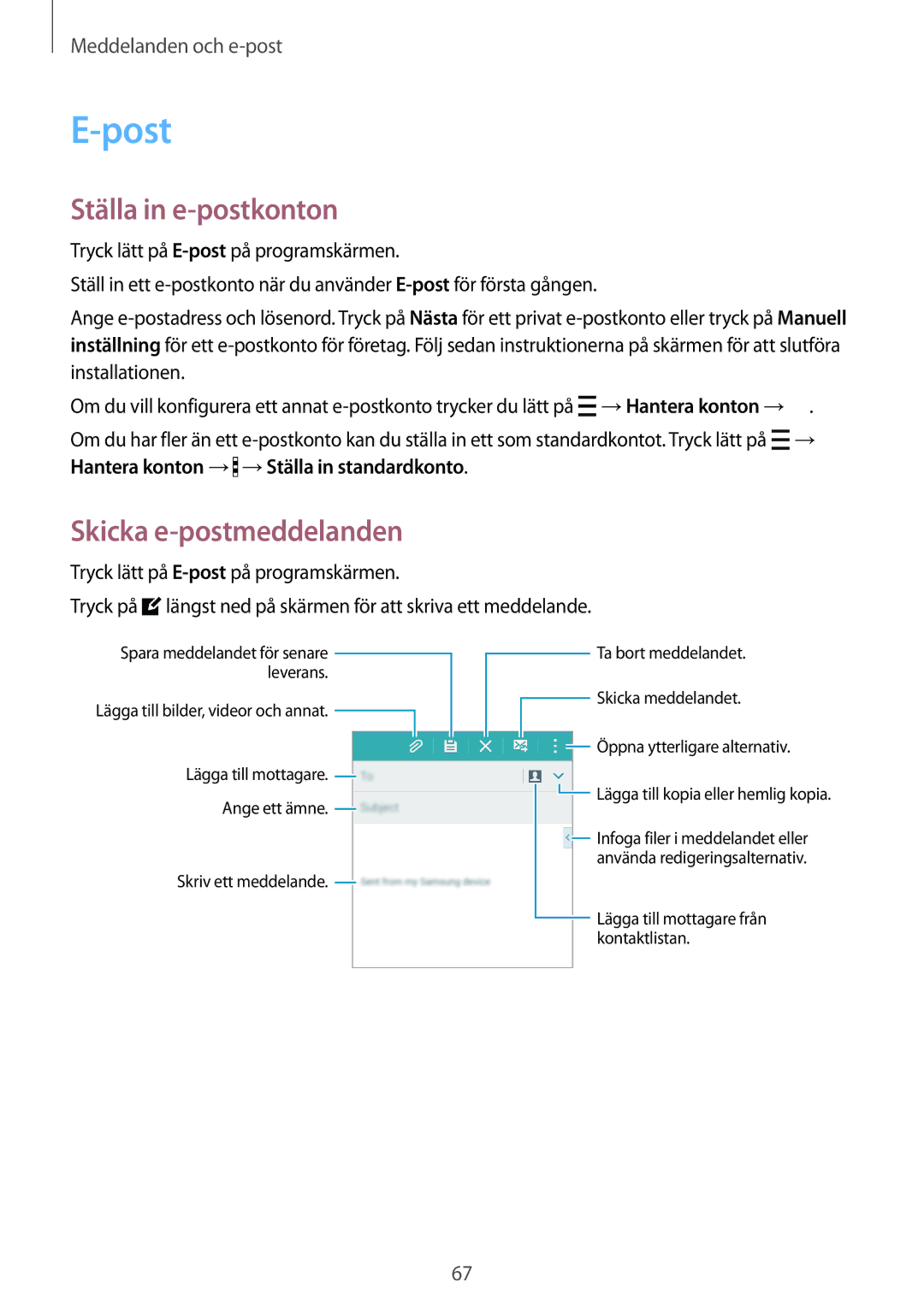 Samsung SM-A500FZWUNEE manual Post, Ställa in e-postkonton, Skicka e-postmeddelanden 