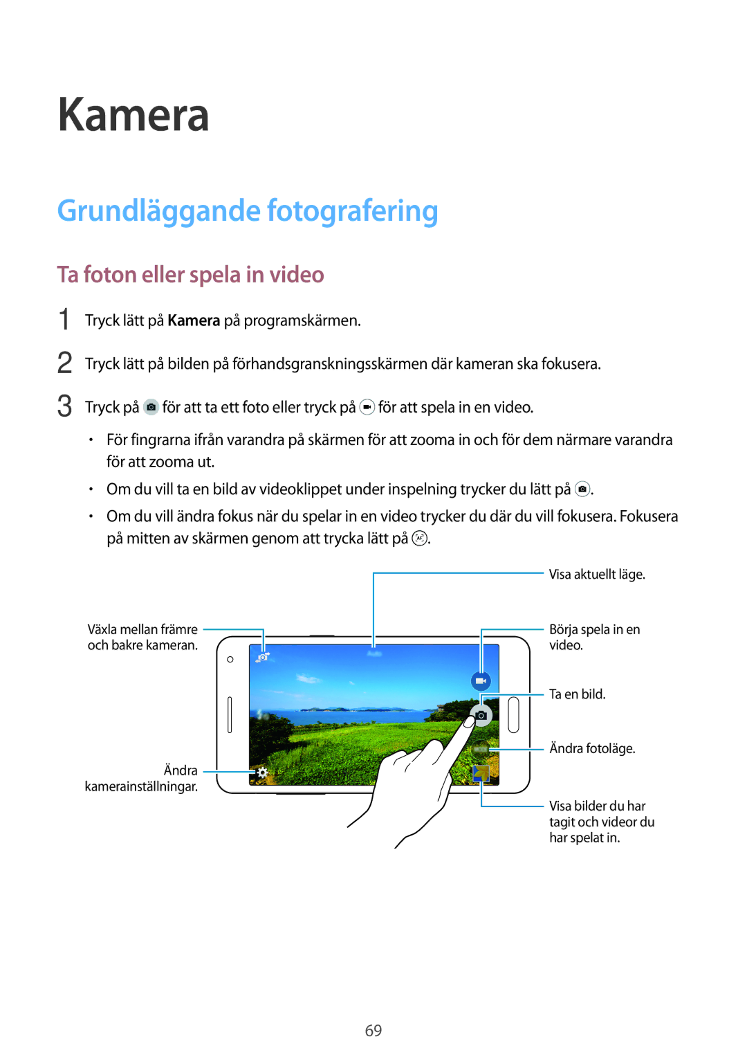 Samsung SM-A500FZWUNEE manual Kamera, Grundläggande fotografering, Ta foton eller spela in video 
