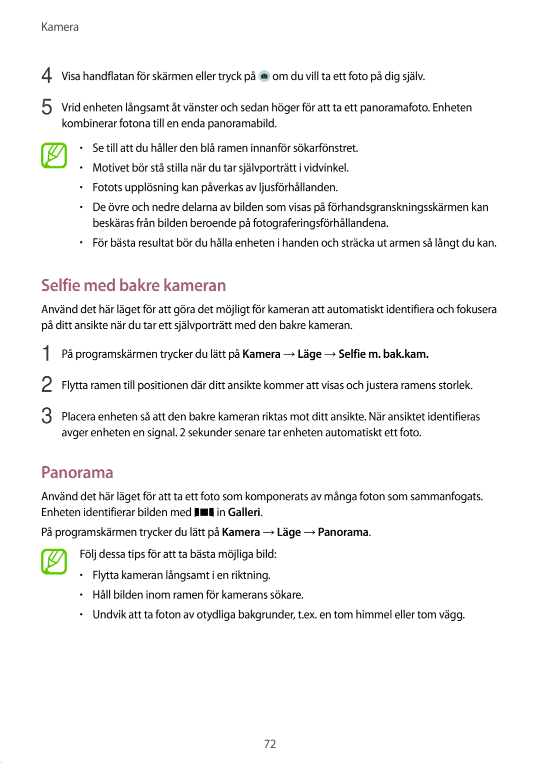 Samsung SM-A500FZWUNEE manual Selfie med bakre kameran, Panorama 