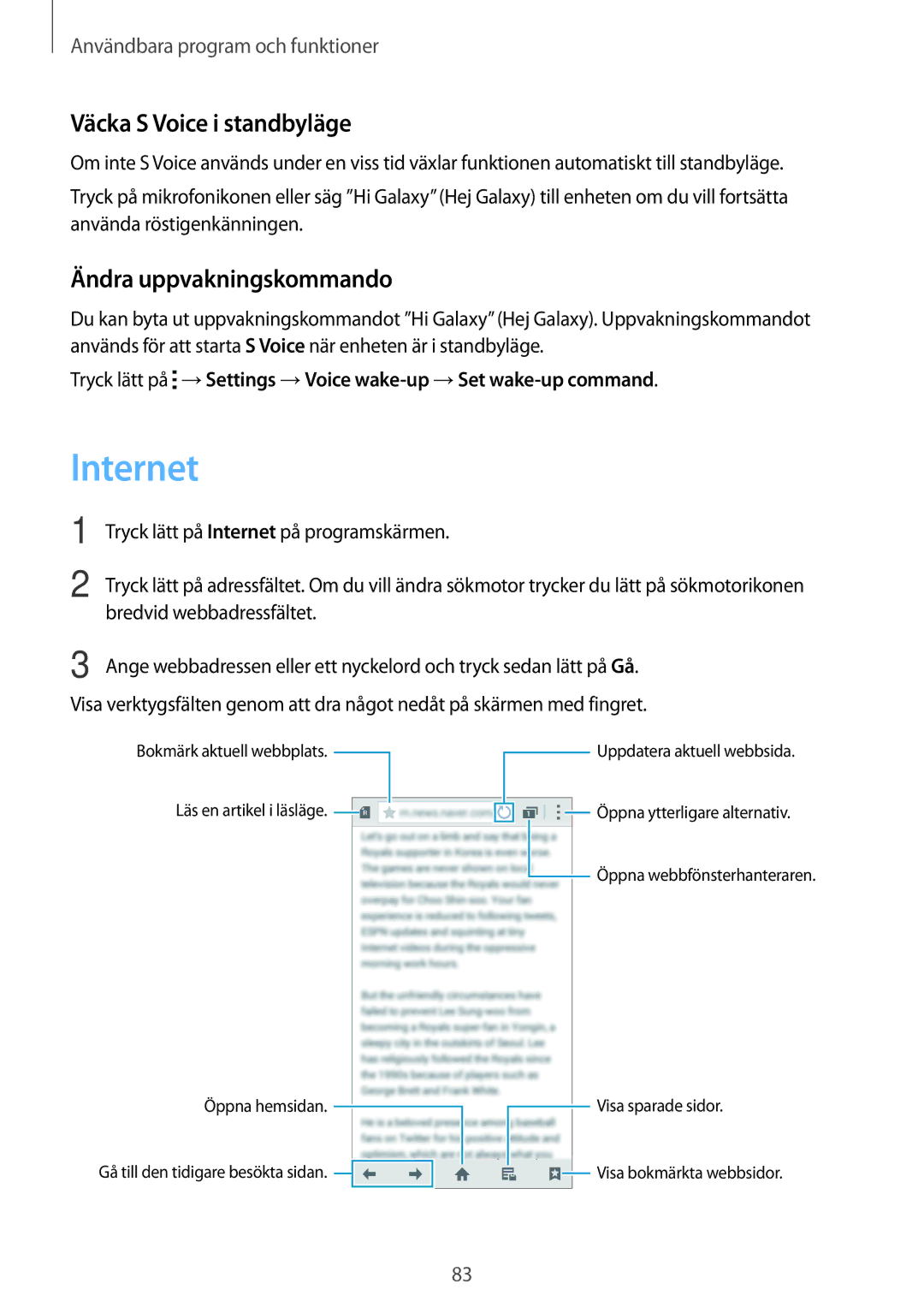 Samsung SM-A500FZWUNEE manual Internet, Väcka S Voice i standbyläge, Ändra uppvakningskommando 