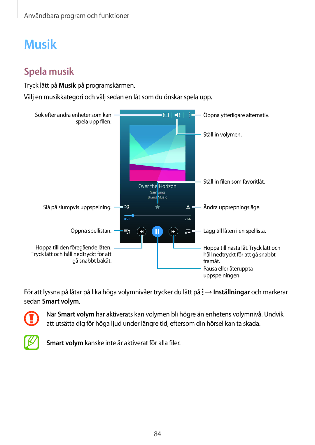 Samsung SM-A500FZWUNEE manual Musik, Spela musik, Smart volym kanske inte är aktiverat för alla filer 