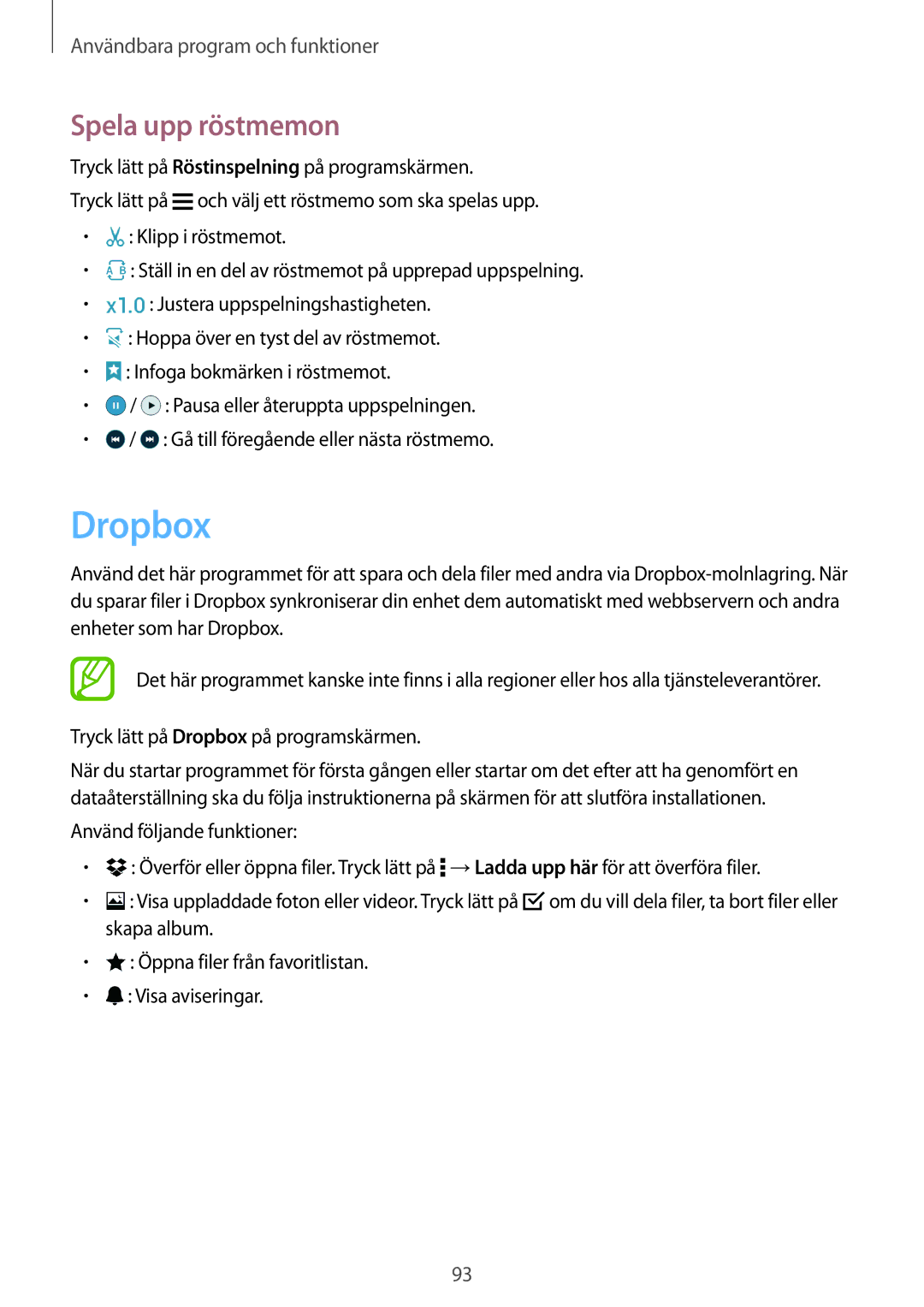 Samsung SM-A500FZWUNEE manual Dropbox, Spela upp röstmemon 