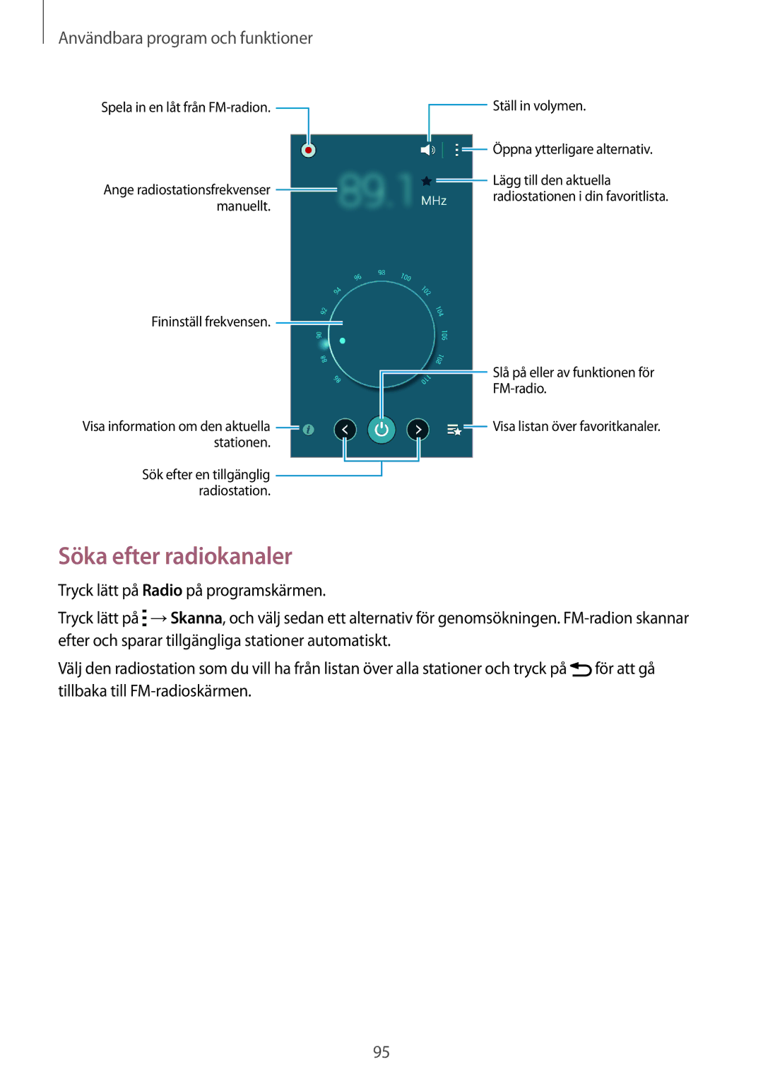 Samsung SM-A500FZWUNEE manual Söka efter radiokanaler, Tryck lätt på Radio på programskärmen 