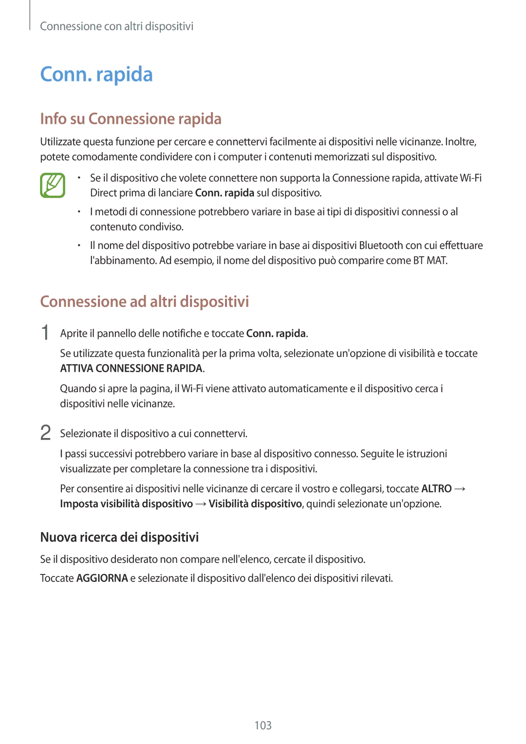 Samsung SM-A500FZSUITV, SM-A500FZWUPRT manual Conn. rapida, Info su Connessione rapida, Nuova ricerca dei dispositivi 