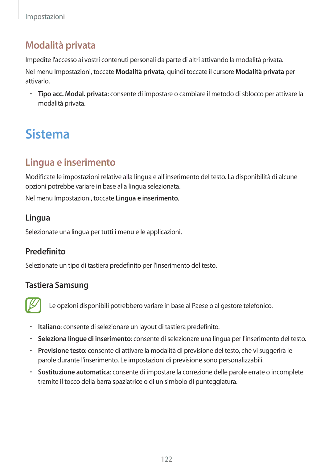 Samsung SM-A500FZKUXEO, SM-A500FZWUPRT, SM-A500FZKUDPL, SM-A500FZKUDBT manual Sistema, Modalità privata, Lingua e inserimento 