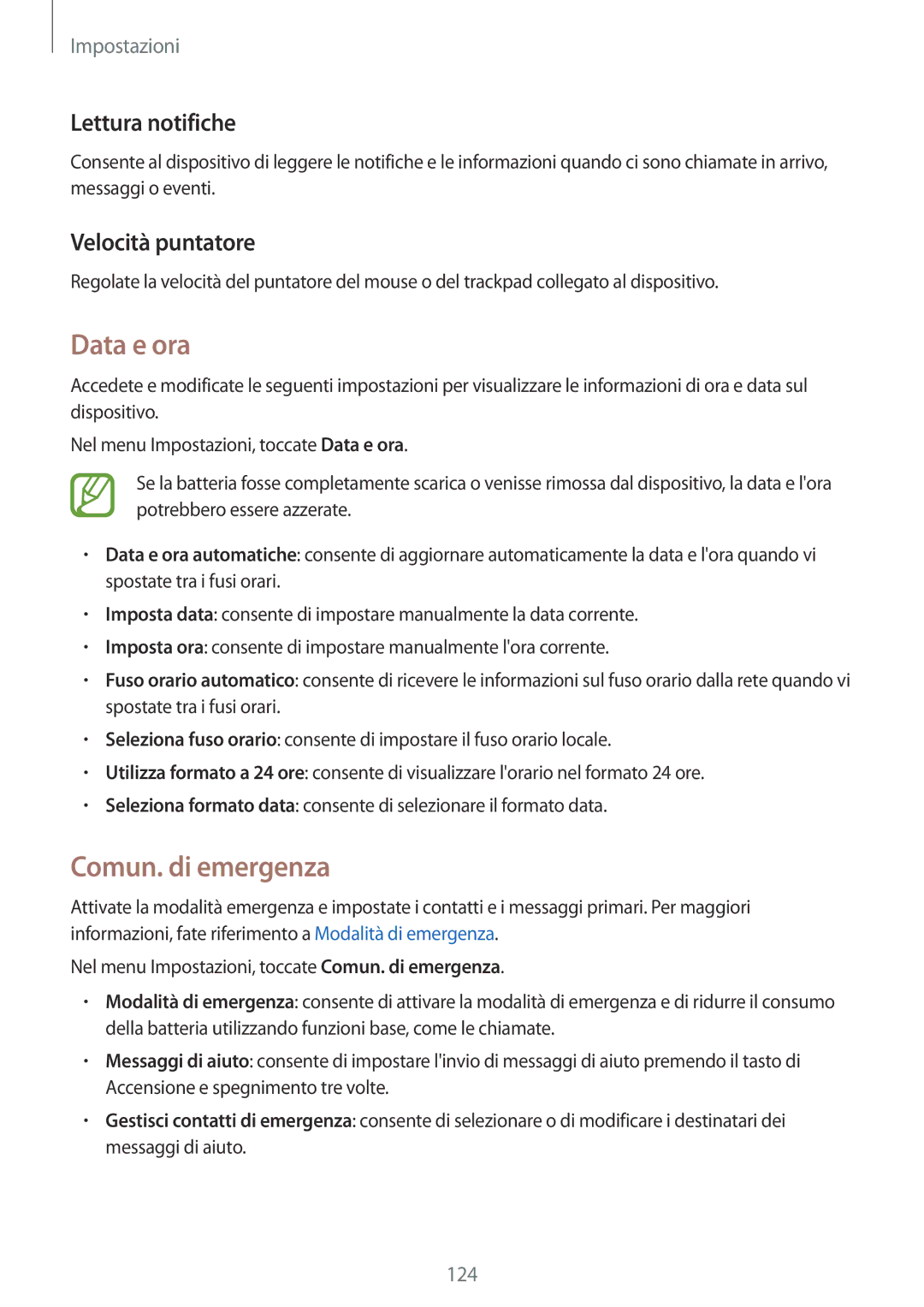 Samsung SM-A500FZKUOMN, SM-A500FZWUPRT manual Data e ora, Comun. di​ emergenza, Lettura notifiche, Velocità puntatore 