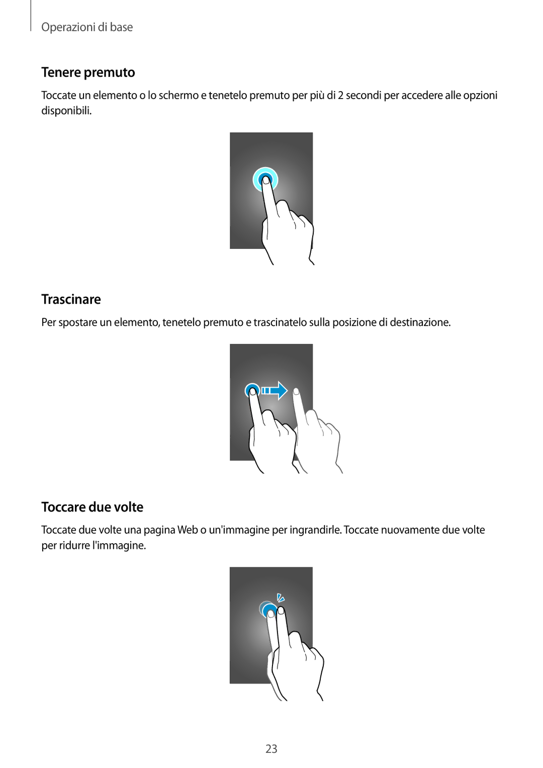 Samsung SM-A500FZWUHUI, SM-A500FZWUPRT, SM-A500FZKUDPL, SM-A500FZKUDBT manual Tenere premuto, Trascinare, Toccare due volte 