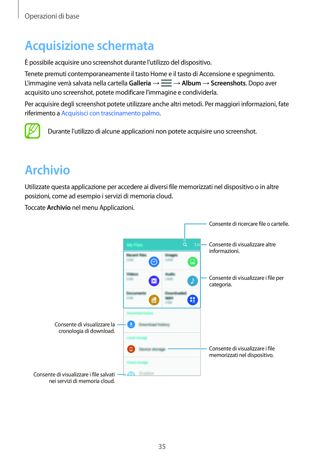Samsung SM-A500FZDUITV, SM-A500FZWUPRT, SM-A500FZKUDPL, SM-A500FZKUDBT, SM-A500FZKUPLS manual Acquisizione schermata, Archivio 