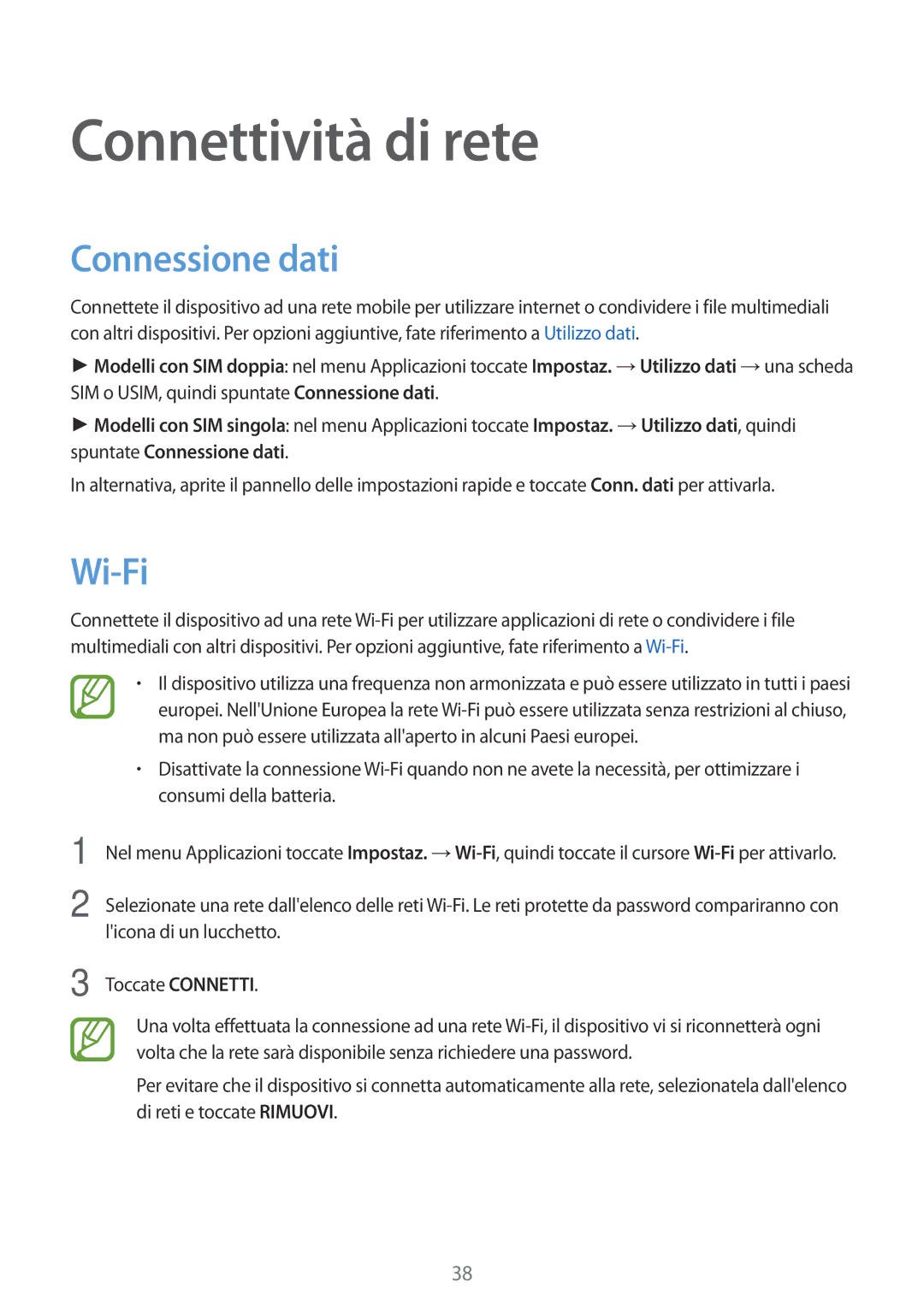 Samsung SM-A500FZKUDBT, SM-A500FZWUPRT, SM-A500FZKUDPL, SM-A500FZKUPLS manual Connettività di rete, Connessione dati, Wi-Fi 